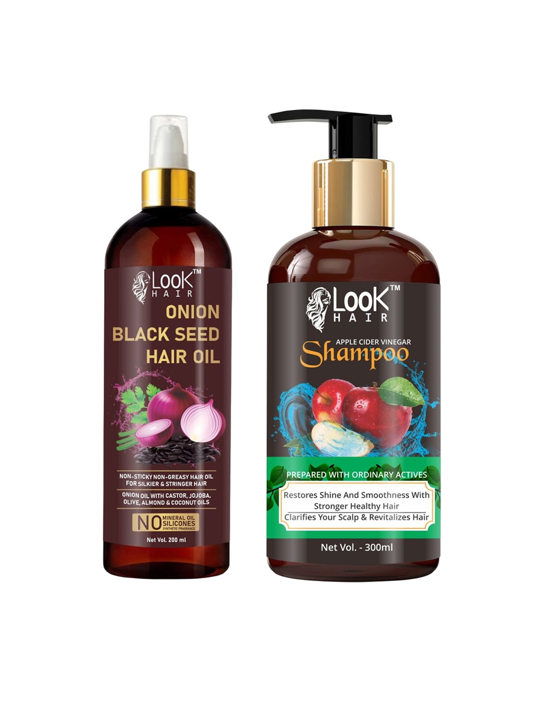 

LOOK HAIR Set Of 2 Onion Black Seed Hair Oil 200 ml & Apple Cider Vinegar Shampoo - 300 ml, Red