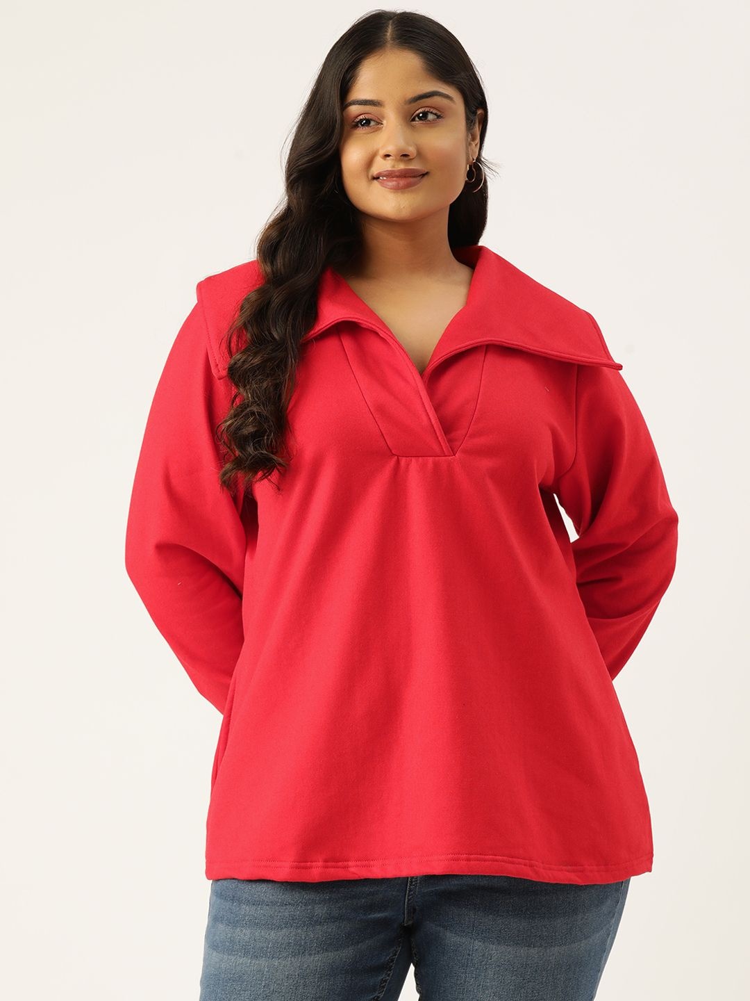 

theRebelinme Women Plus Size Shirt Collar Cotton A-Line Top, Red