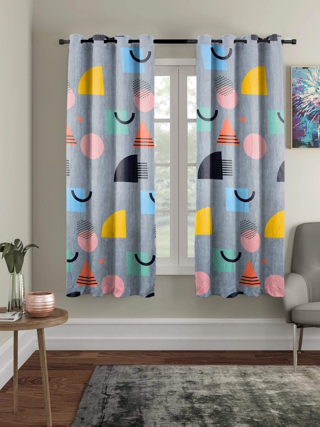 

Myntra Elegant Homes Grey & Pink Set of 2 Geometric Window Curtains