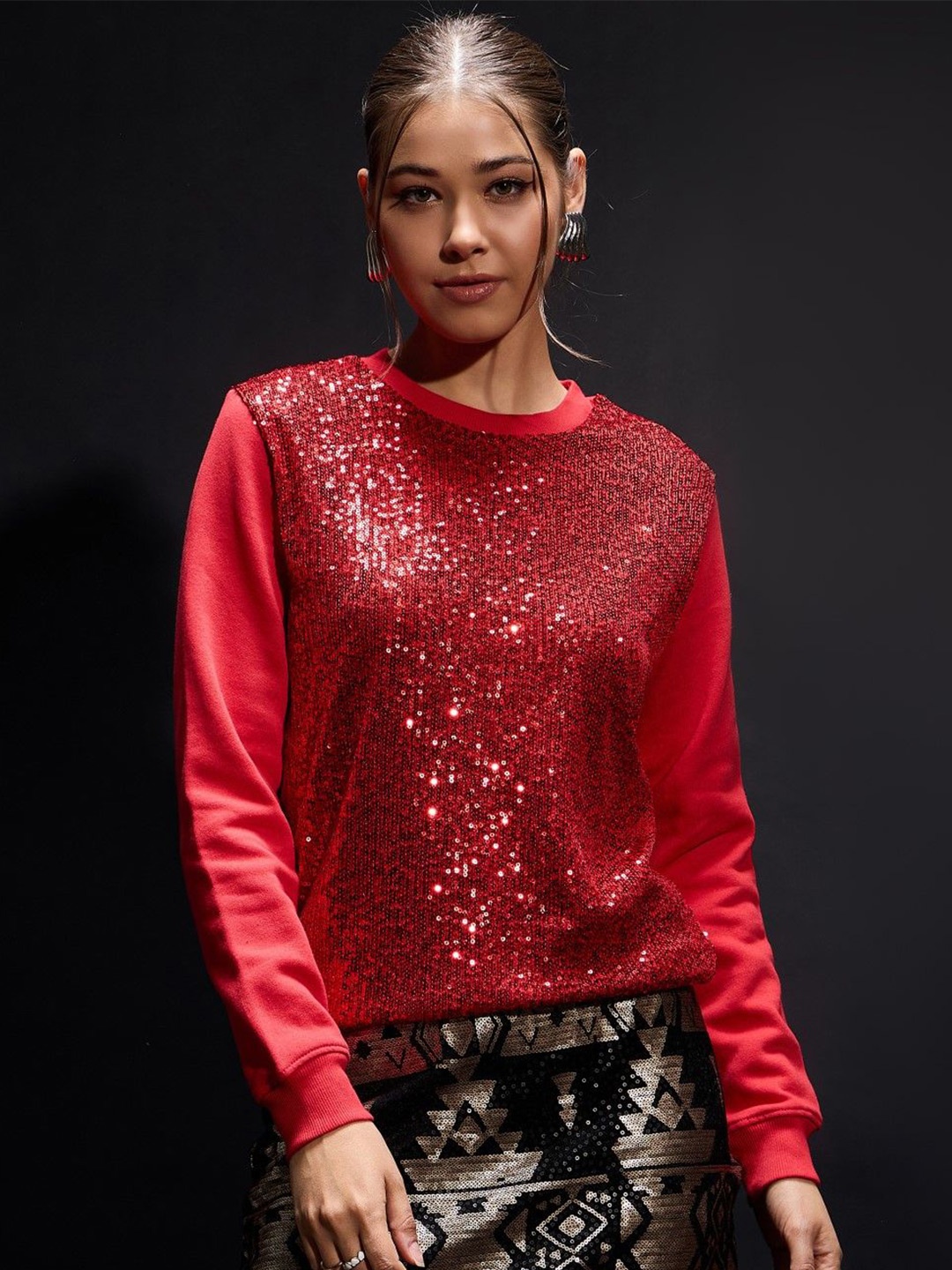 

SASSAFRAS Women Embellished Sweatshirt, Red