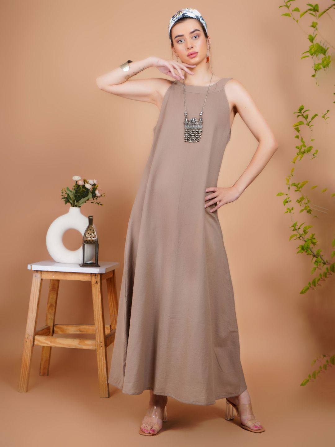 

Boholyfe Women Sleeveless A-Line Maxi Dress, Coffee brown