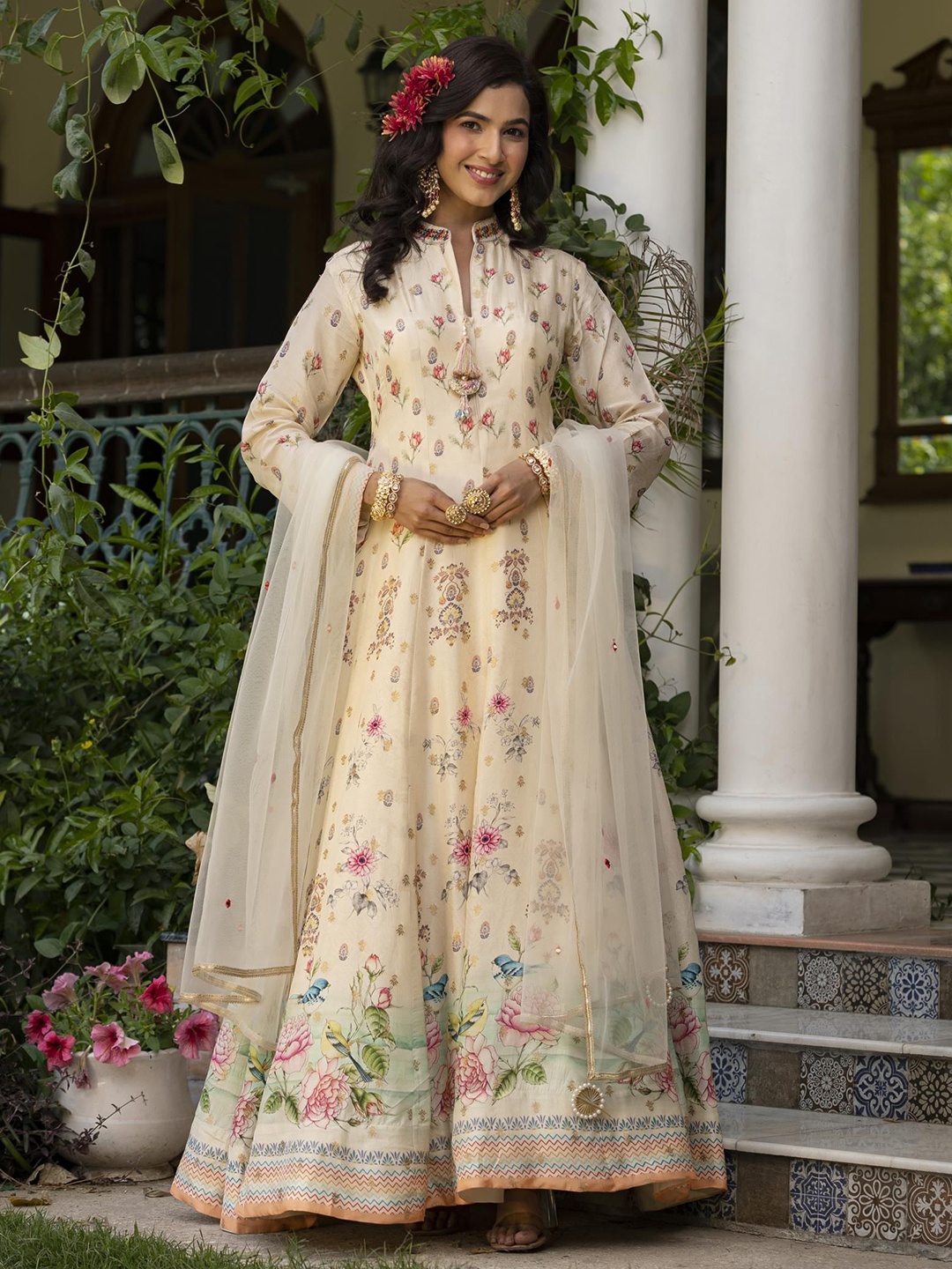 

SCAKHI Women Floral Printed Anarkali Gown With Net Embroidered Dupatta, Off white