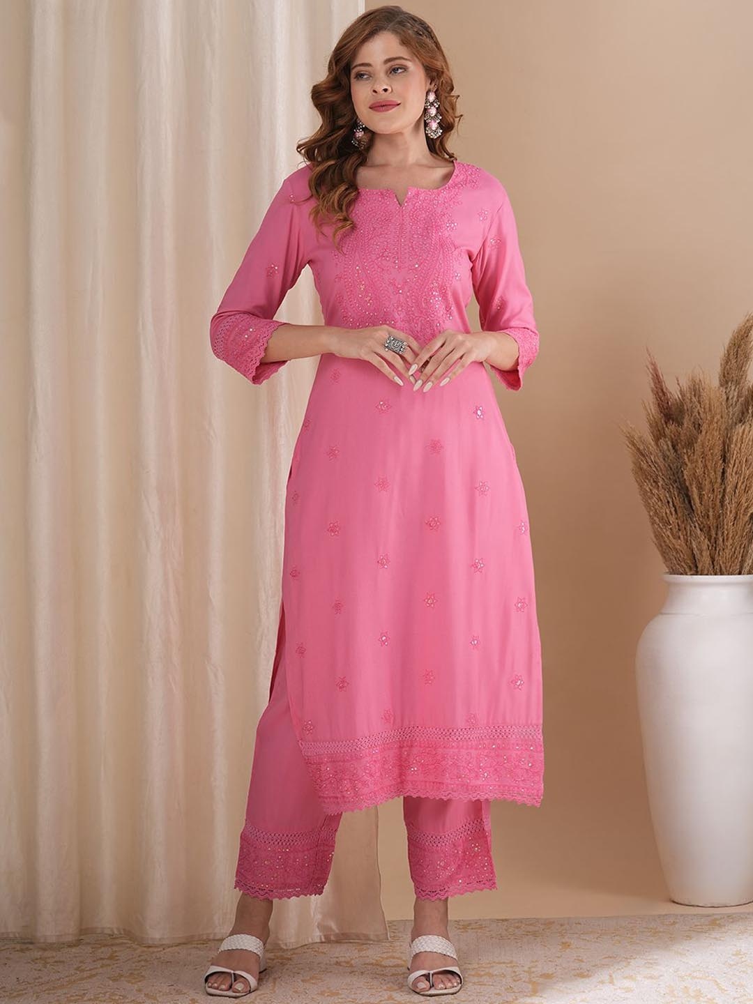 

FASHOR Notch Neck Embroidered Three-Quarter Sleeves Tunic with Trouser, Pink