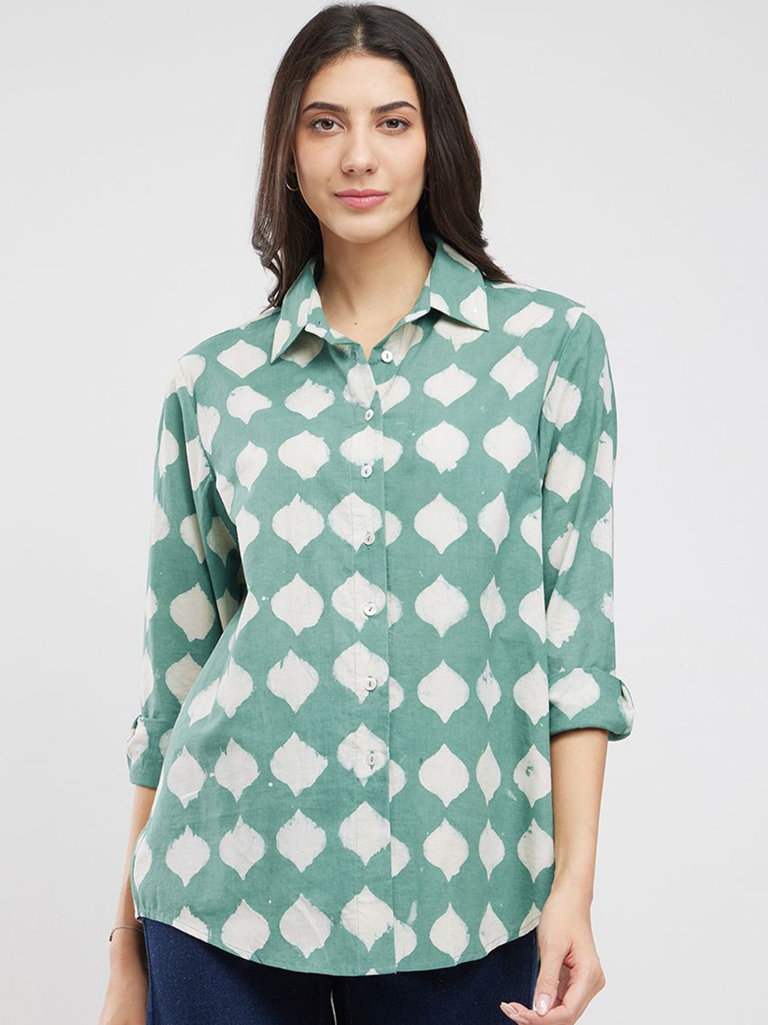 

Pink Fort Print Roll-Up Sleeves Cotton Boxy Top, Green