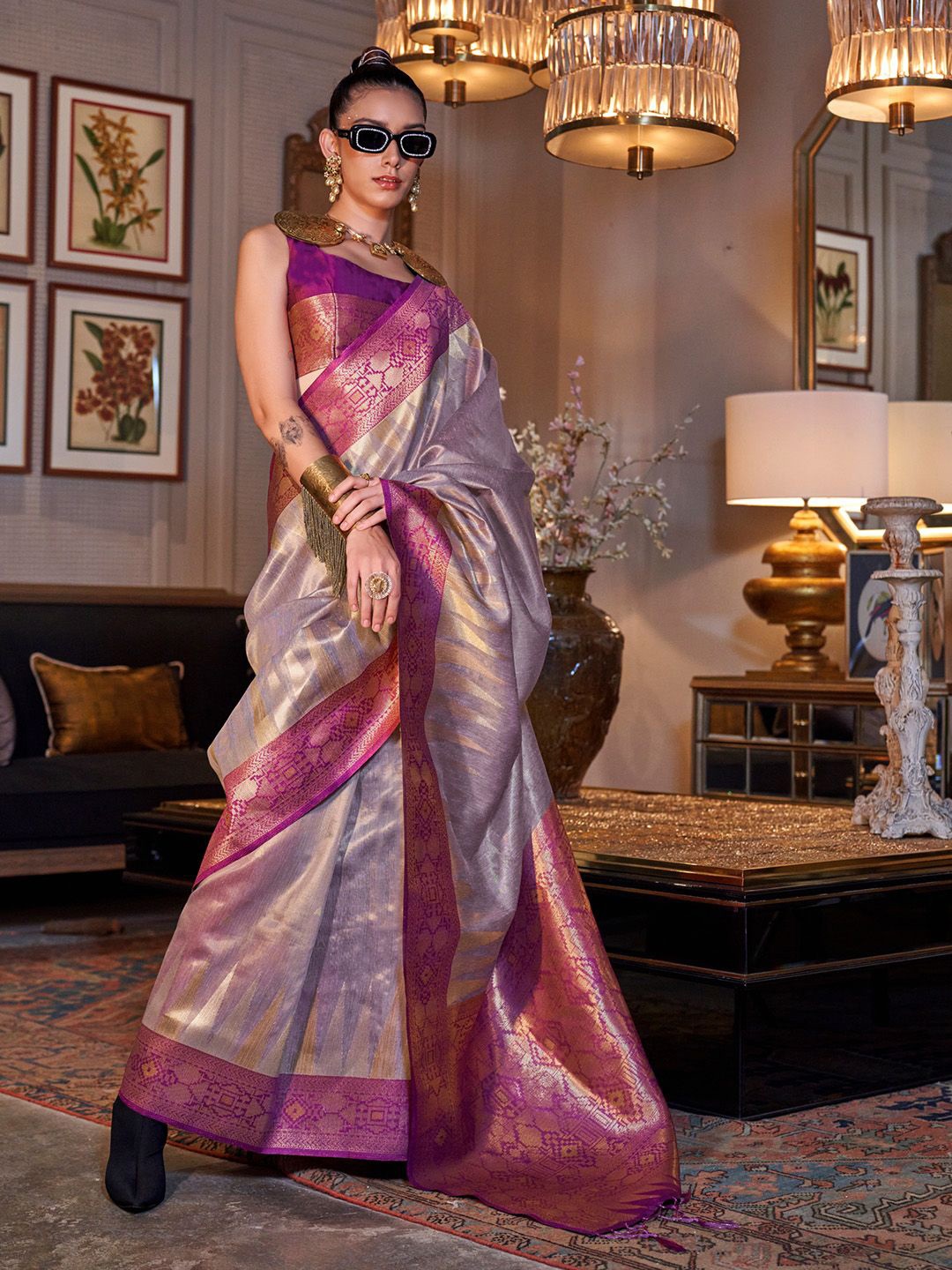 

Ishin Ethnic Motifs Woven Design Zari Tissue Saree, Purple