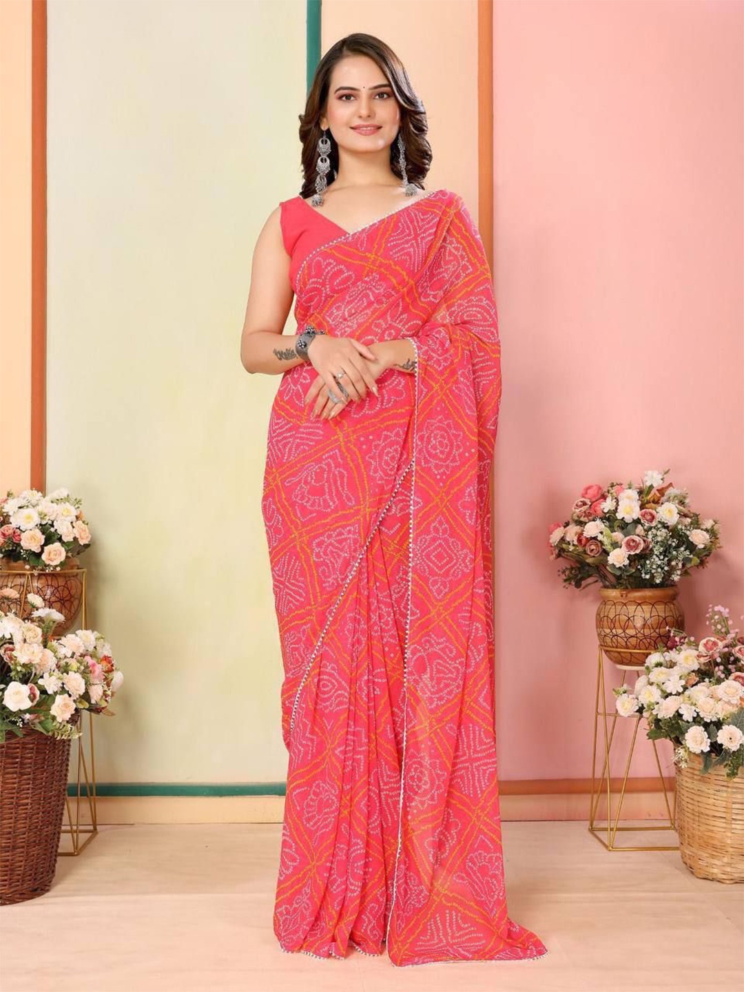 

AWRIYA Bandhani Pure Georgette Ready to Wear Bandhani Saree, Peach