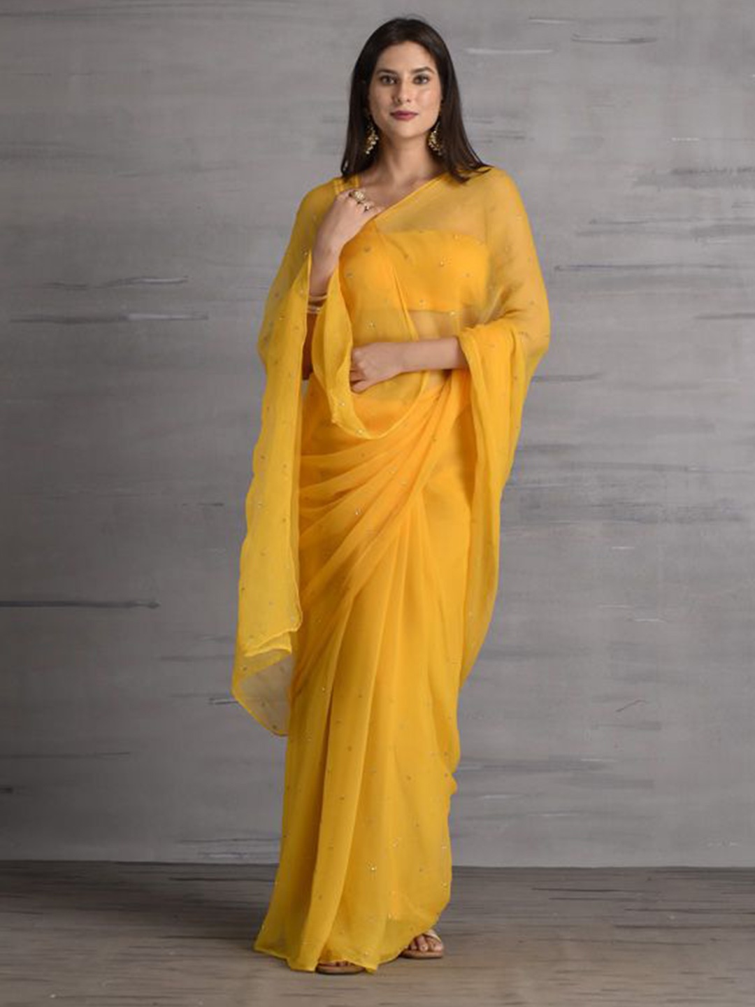 

sutra attire Embellished Sequinned Pure Chiffon Saree, Mustard