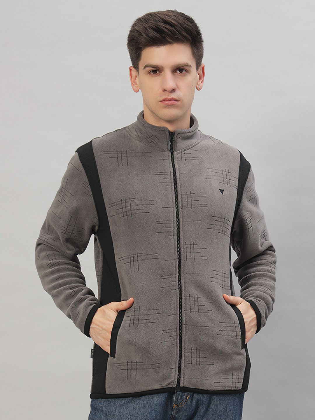 

PROFY Men Colourblocked Mock Collar Long Sleeves Front-Open Sweatshirt, Grey