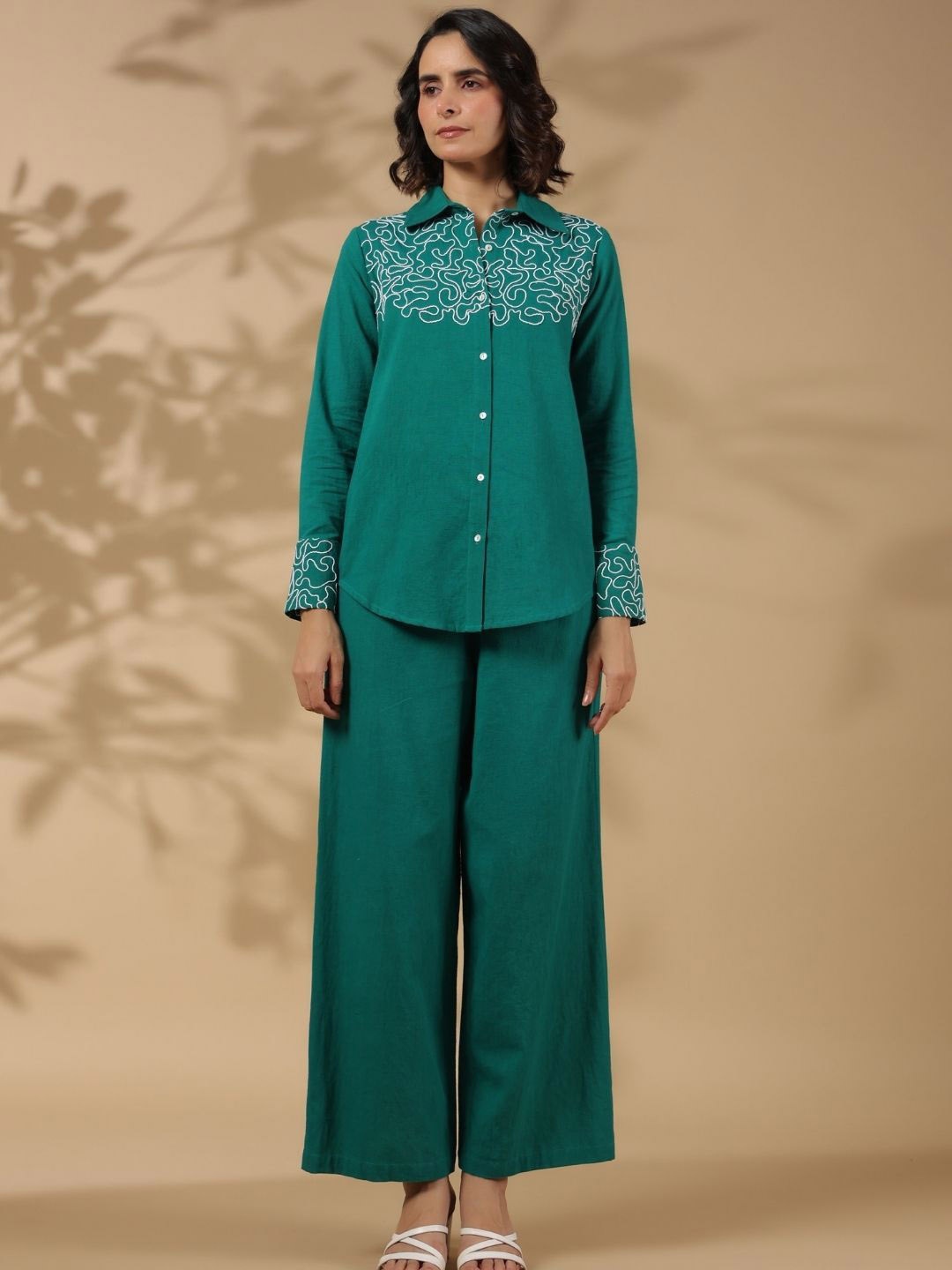 

Kaftanize Embroidered Long Sleeves Shirt with Palazzo, Green