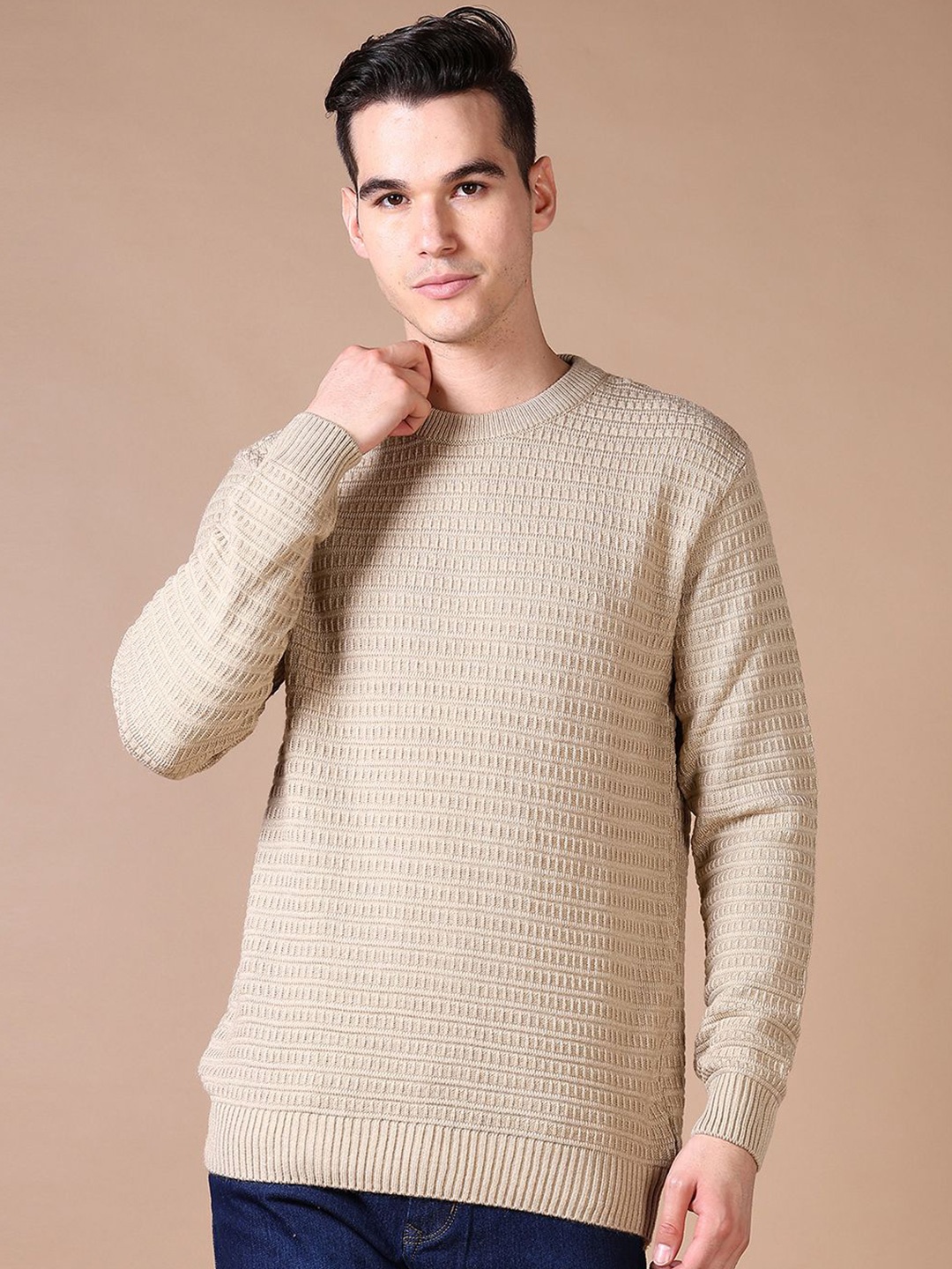 

V-Mart Men Self Design Ribbed Round Neck Pullover Sweater, Beige