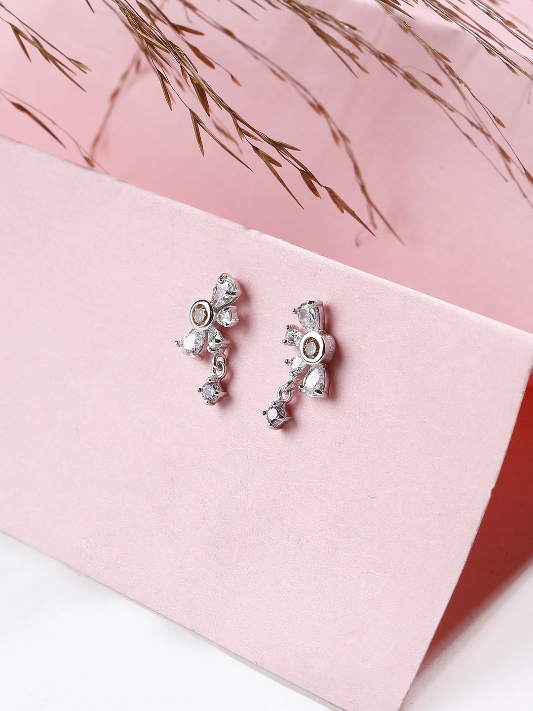 

DIAVO Rhodium Plated 925 Sterling Silver CZ Studded Contemporary Studs Earrings