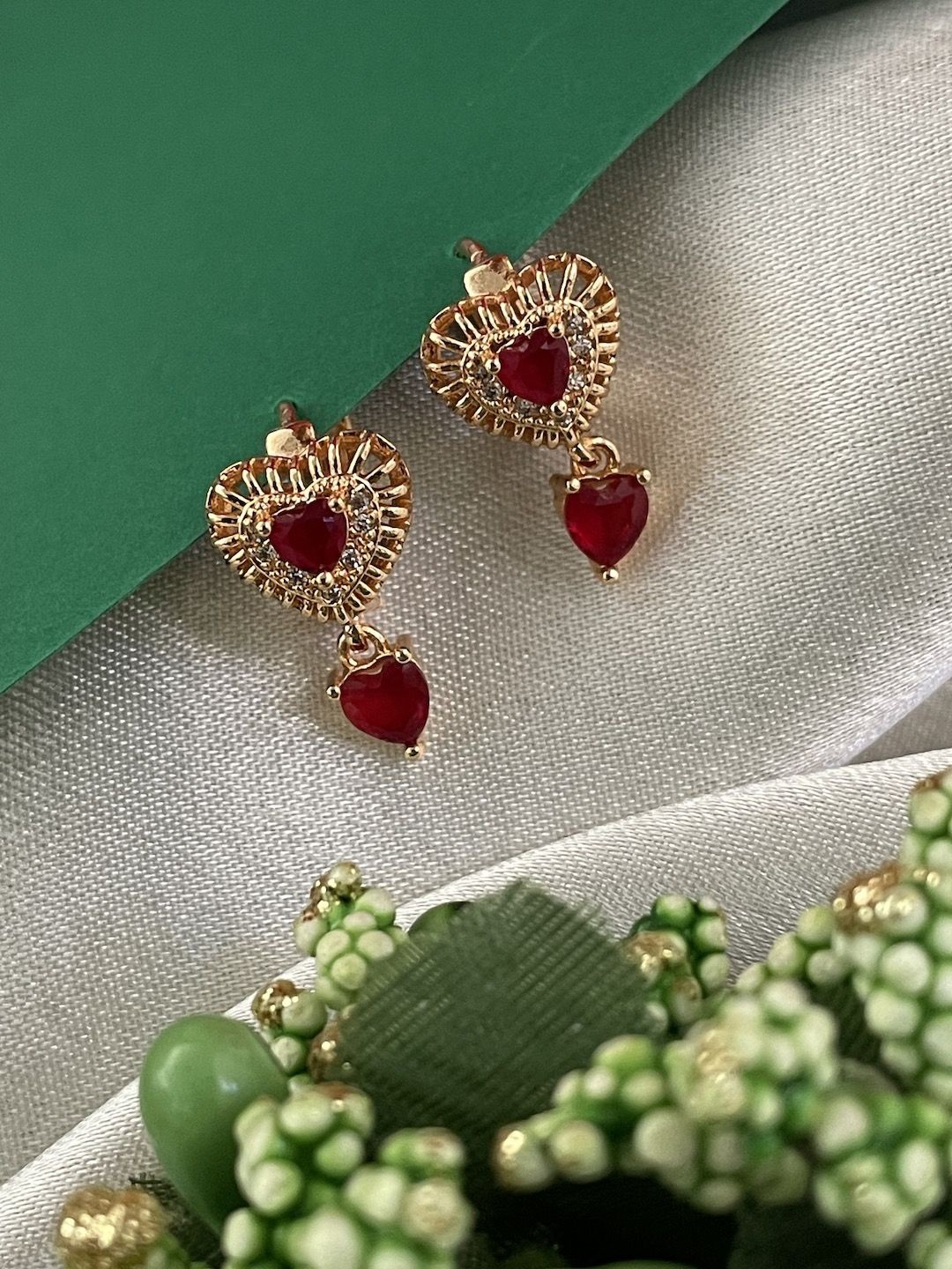 

Digital Dress Room Gold-Plated Red AD-Studded Heart-Shaped Drop Earrings