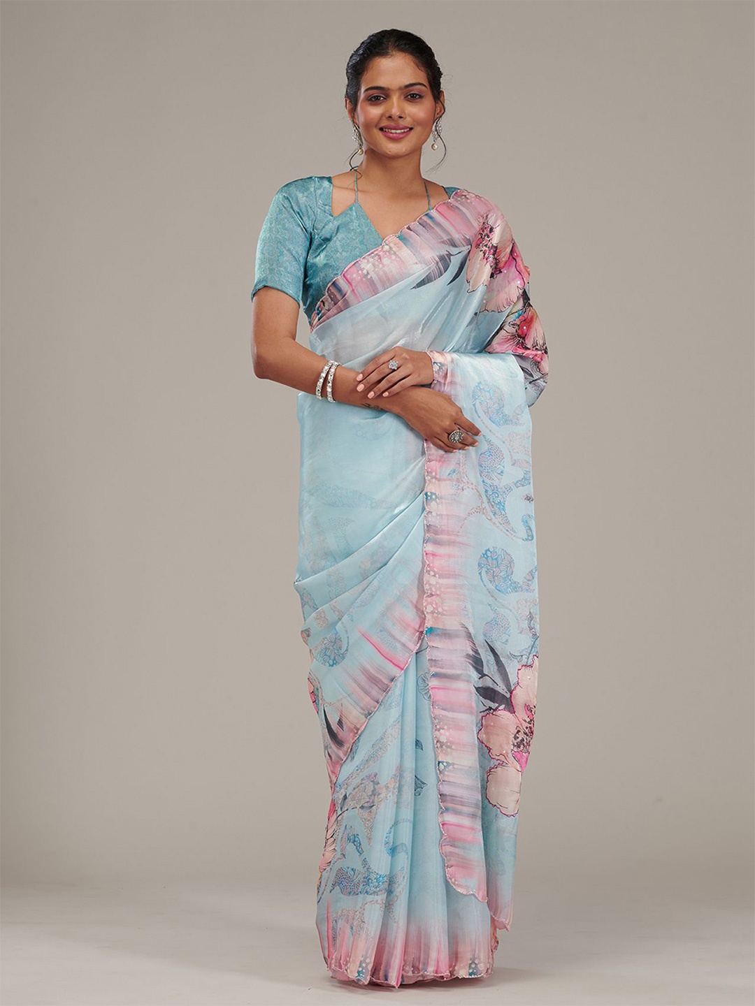 

Koskii Floral Tissue Saree, Blue