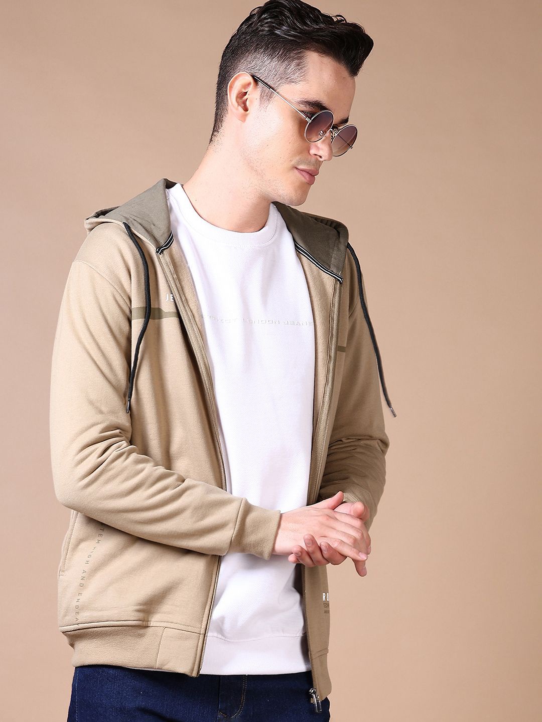 

V-Mart Men Printed Front-Open Cotton Hooded Sweatshirt, Khaki
