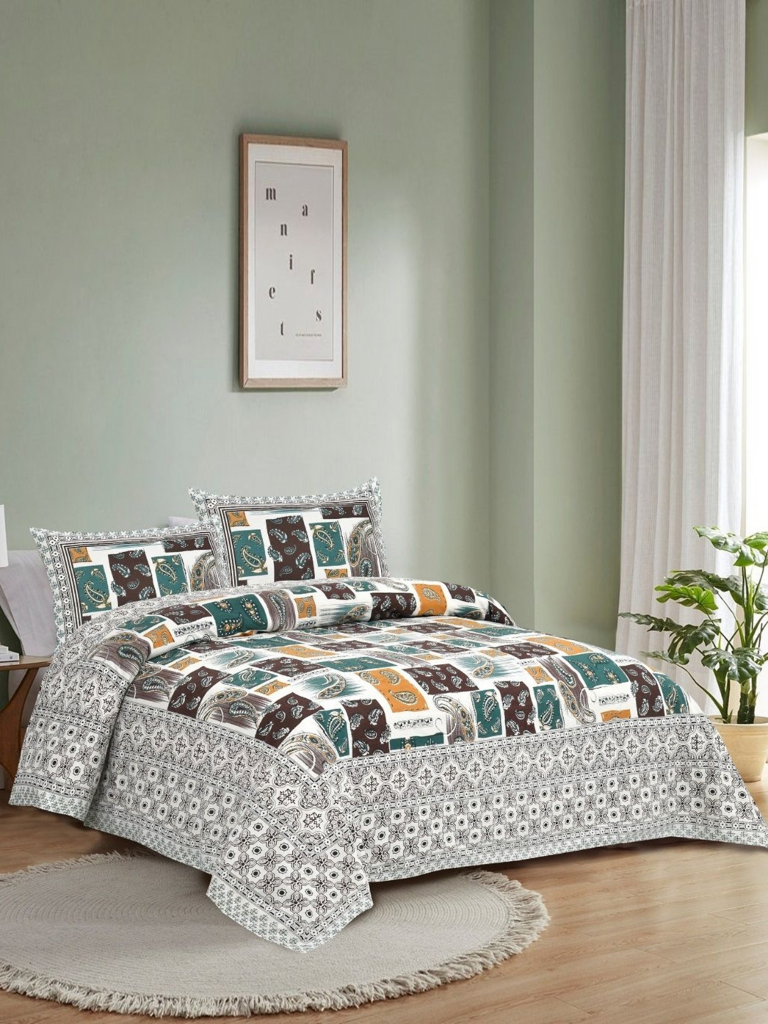 

HOMELINE Green Ethnic Motifs 180 TC King Bedsheet with 2 Pillow Covers- 2.84 x 2.84 m