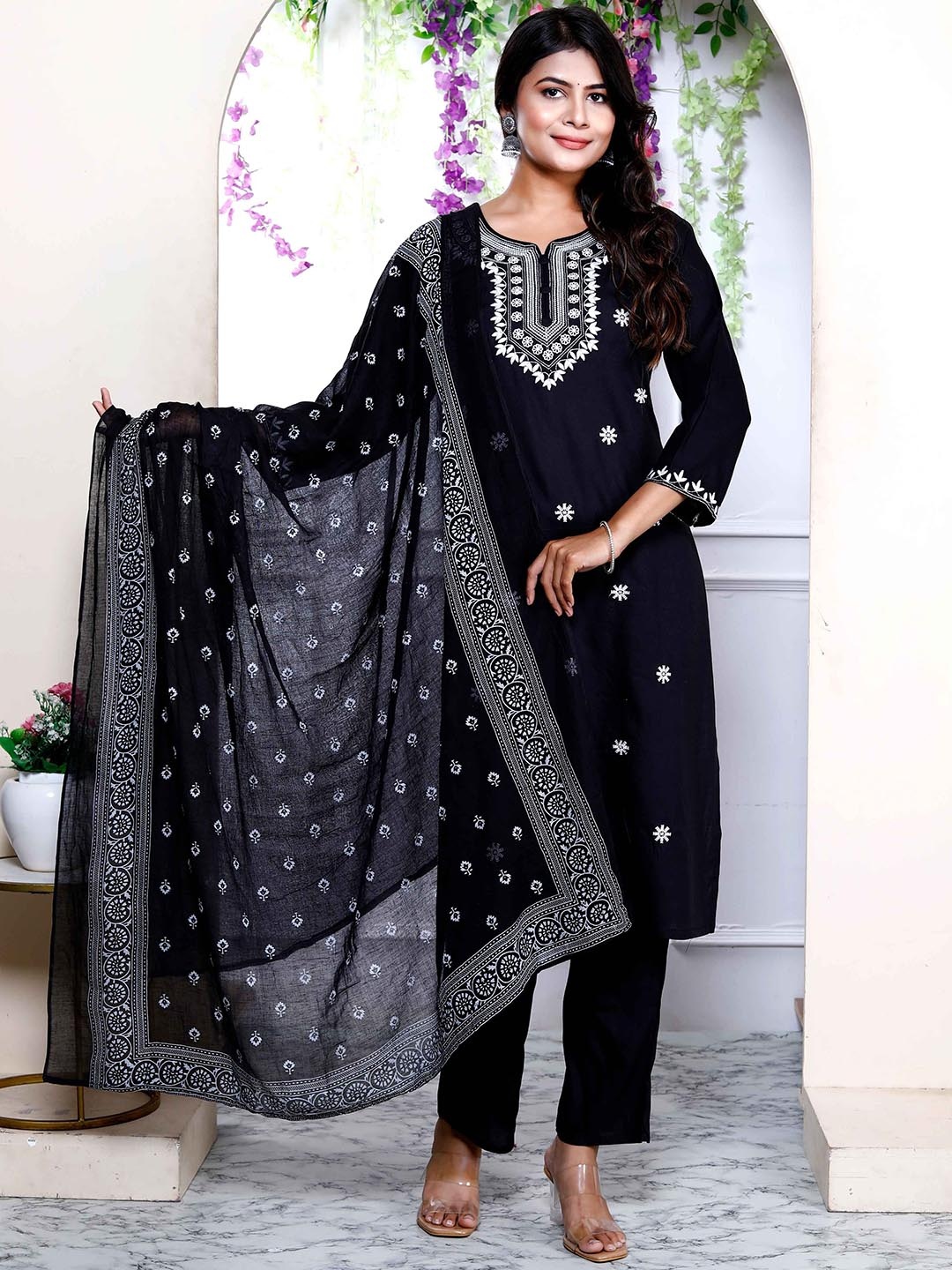

MIRAVAN Women Embroidered Regular Chikankari Kurta with Palazzos & With Dupatta, Black