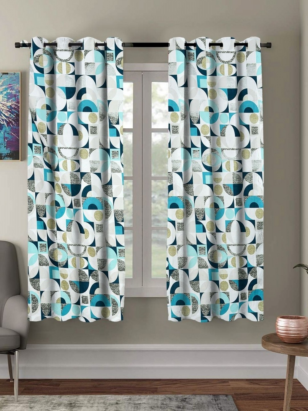

Myntra Elegant Homes White & Blue Set of 2 Geometric Window Curtains