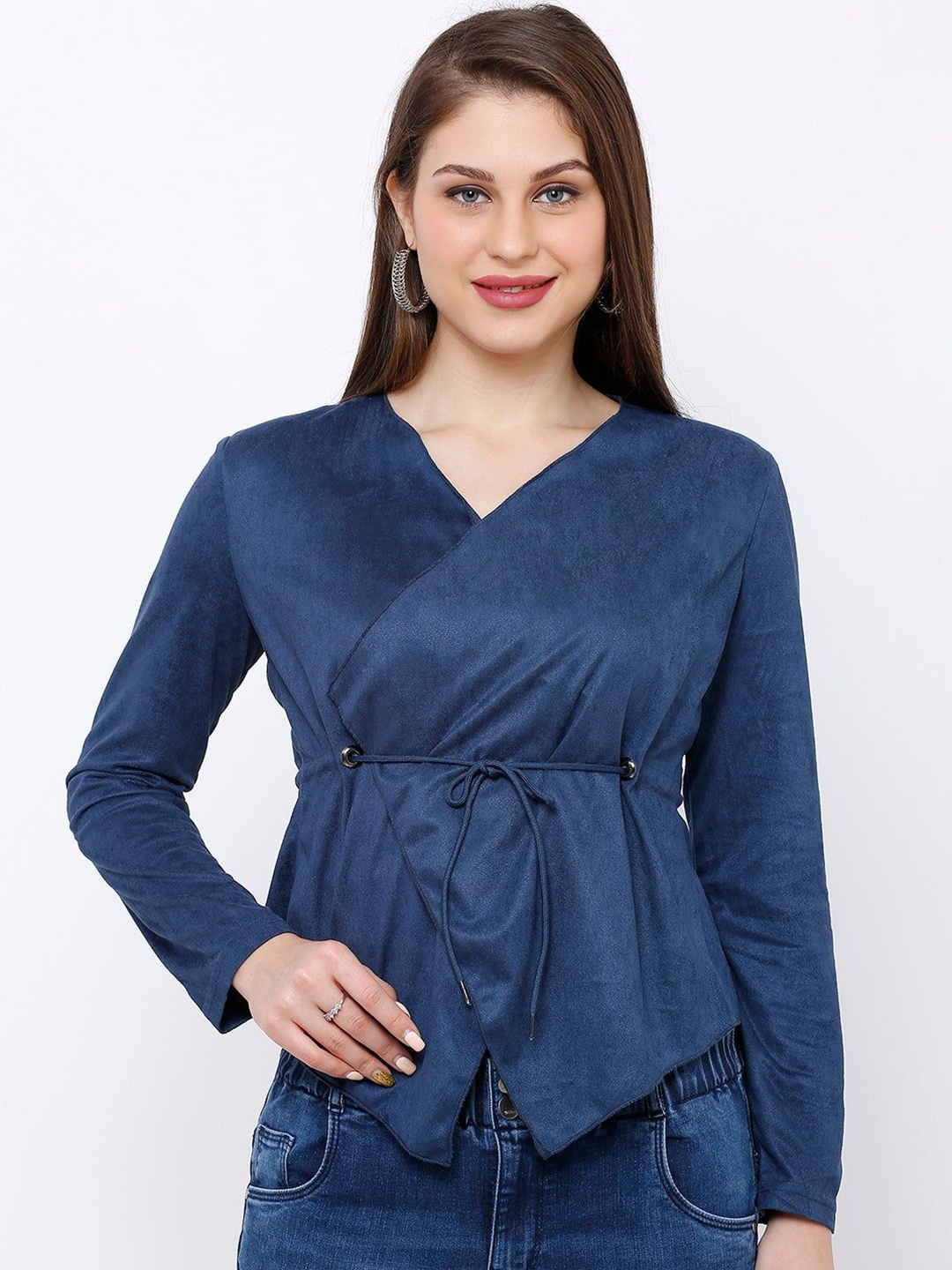 

Kraus Jeans Women V- Neck Waist Tie-Ups Wrap Top, Navy blue
