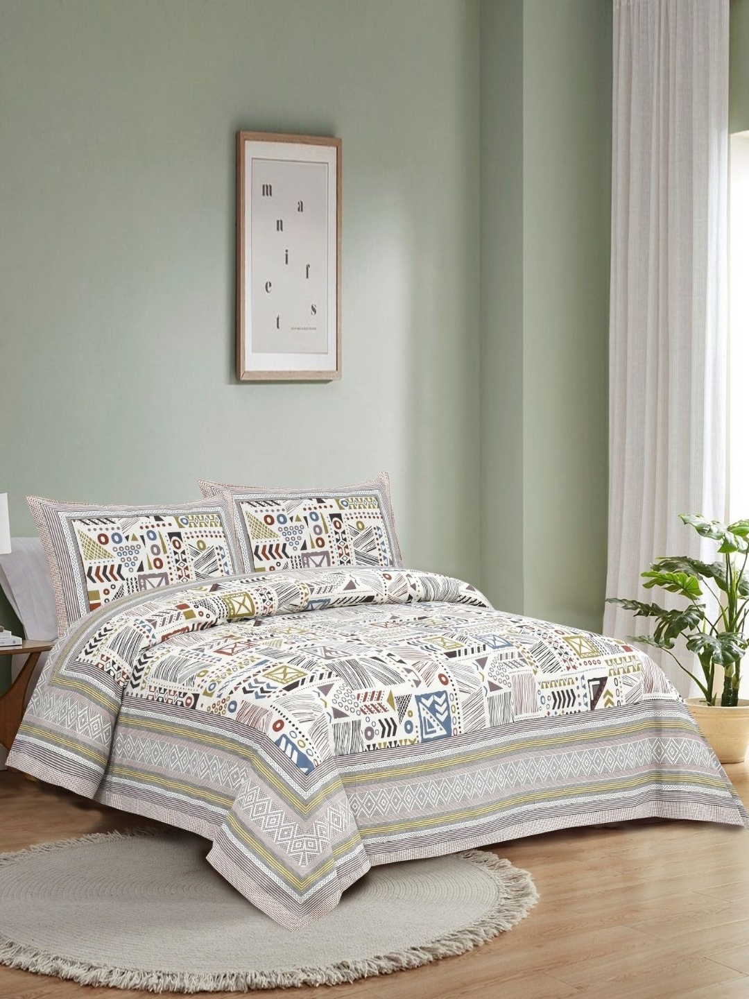 

HOMELINE White & Green Geometric 180 TC King Bedsheet with 2 Pillow Covers