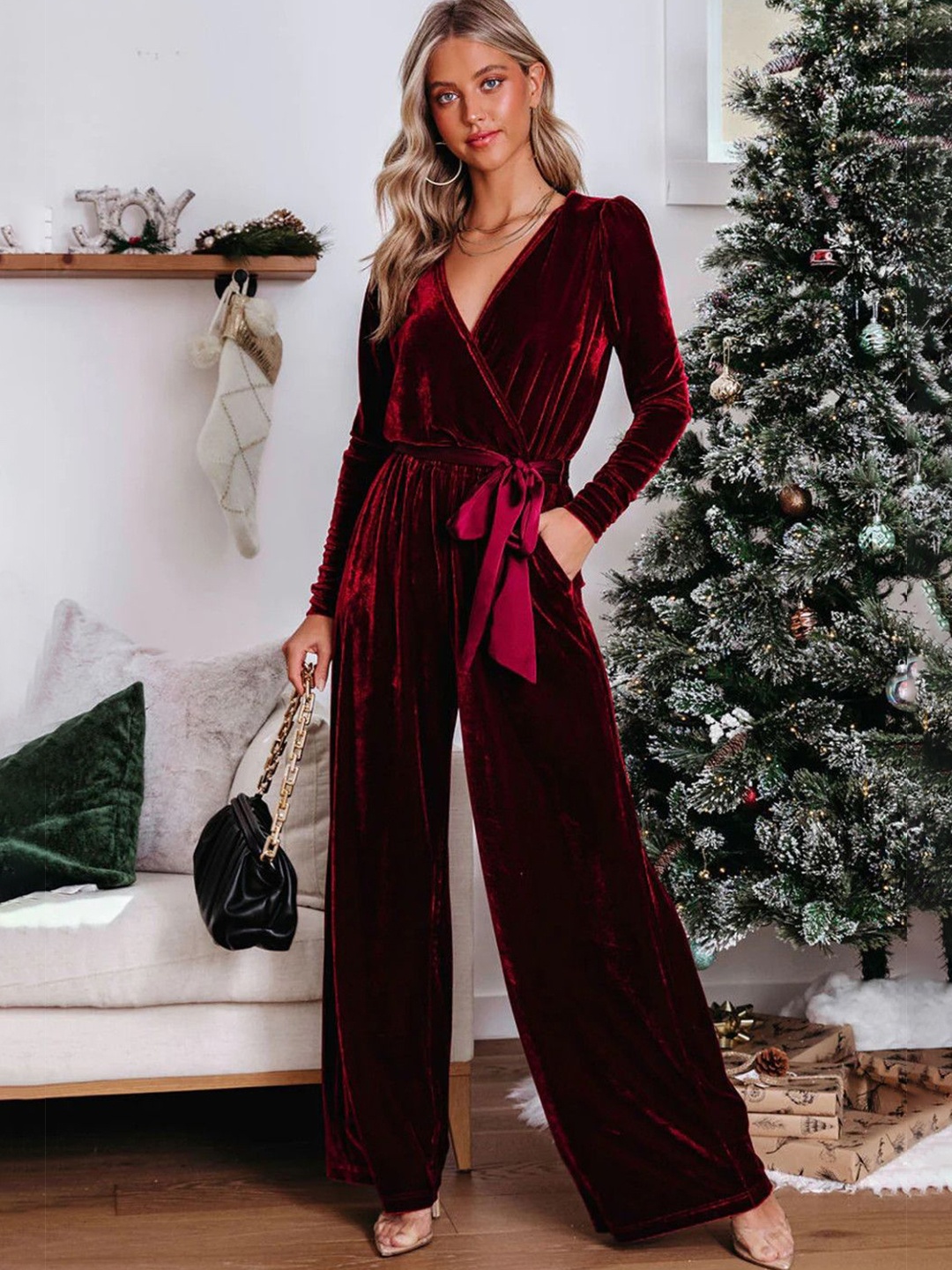 

StyleCast Women V-Neck Long Sleeves Basic Jumpsuit, Maroon