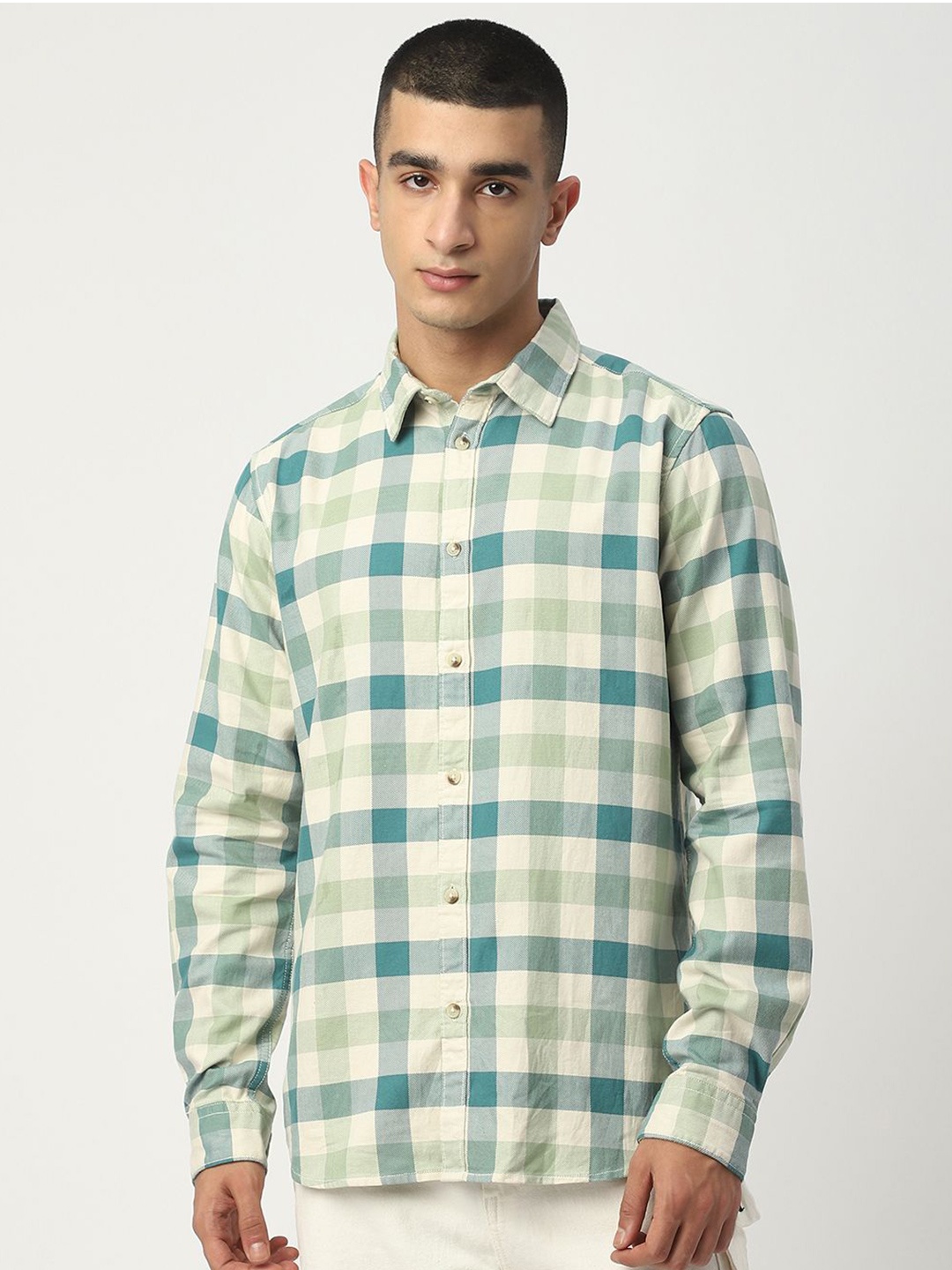 

R&B Men Buffalo Checks Opaque Casual Shirt, Green
