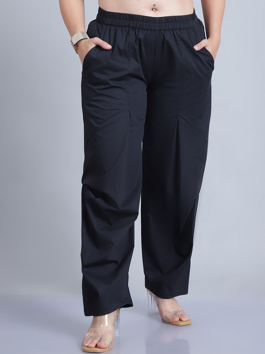 

Baawri Women Plus Size Regular Fit Pleated Cotton Trouser, Black