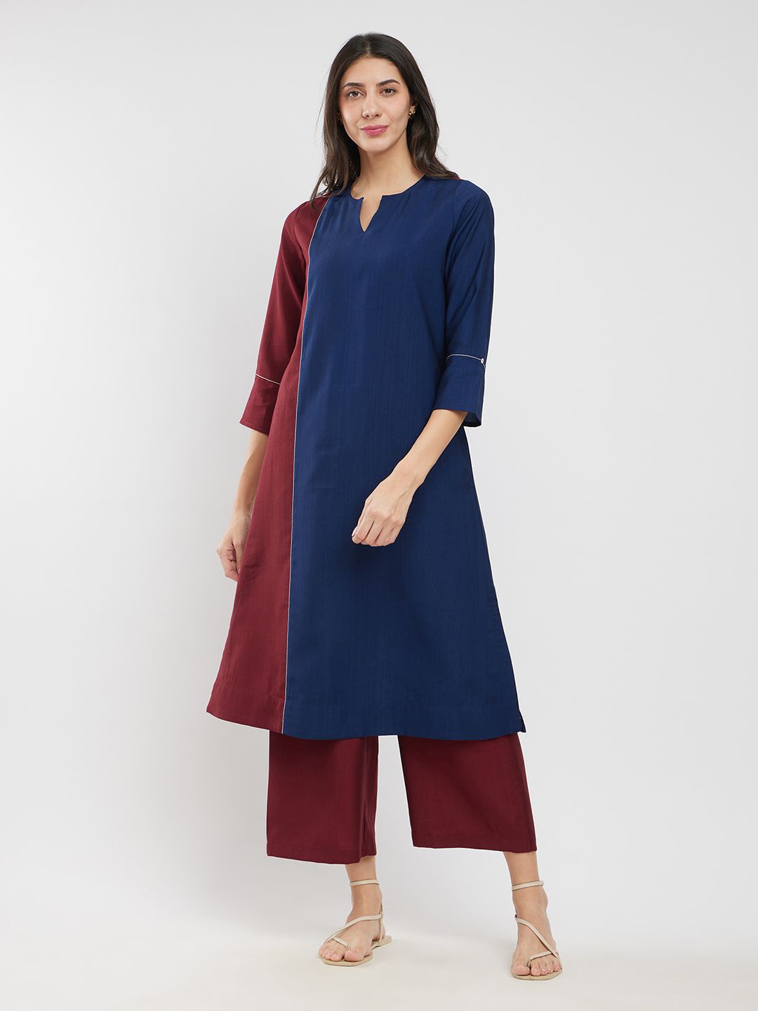 

Pink Fort Women Colourblocked Regular Kurta with Trousers, Blue