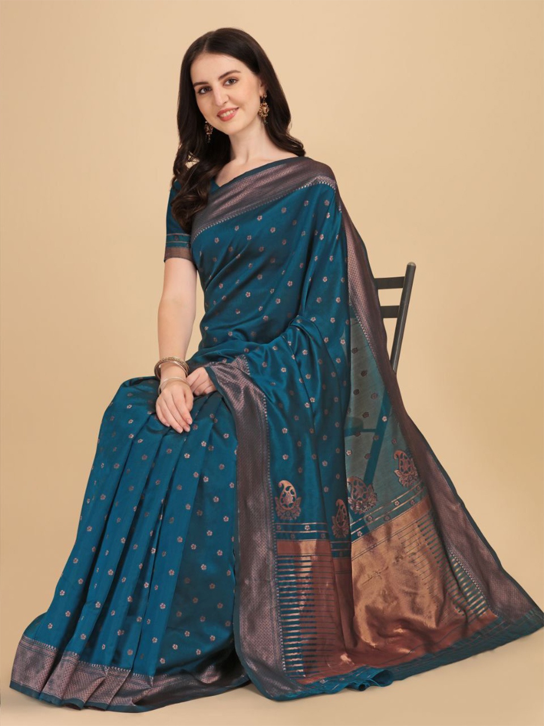 

Jinax Woven Design Zari Pure Silk Banarasi Saree, Teal