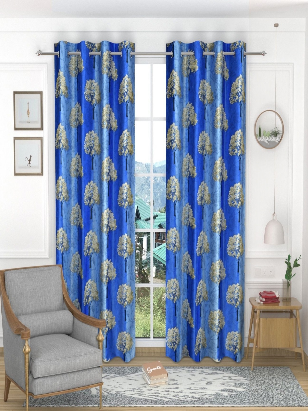 

Aura Blue & Beige Set of 2 Floral Room Darkening Door Curtain