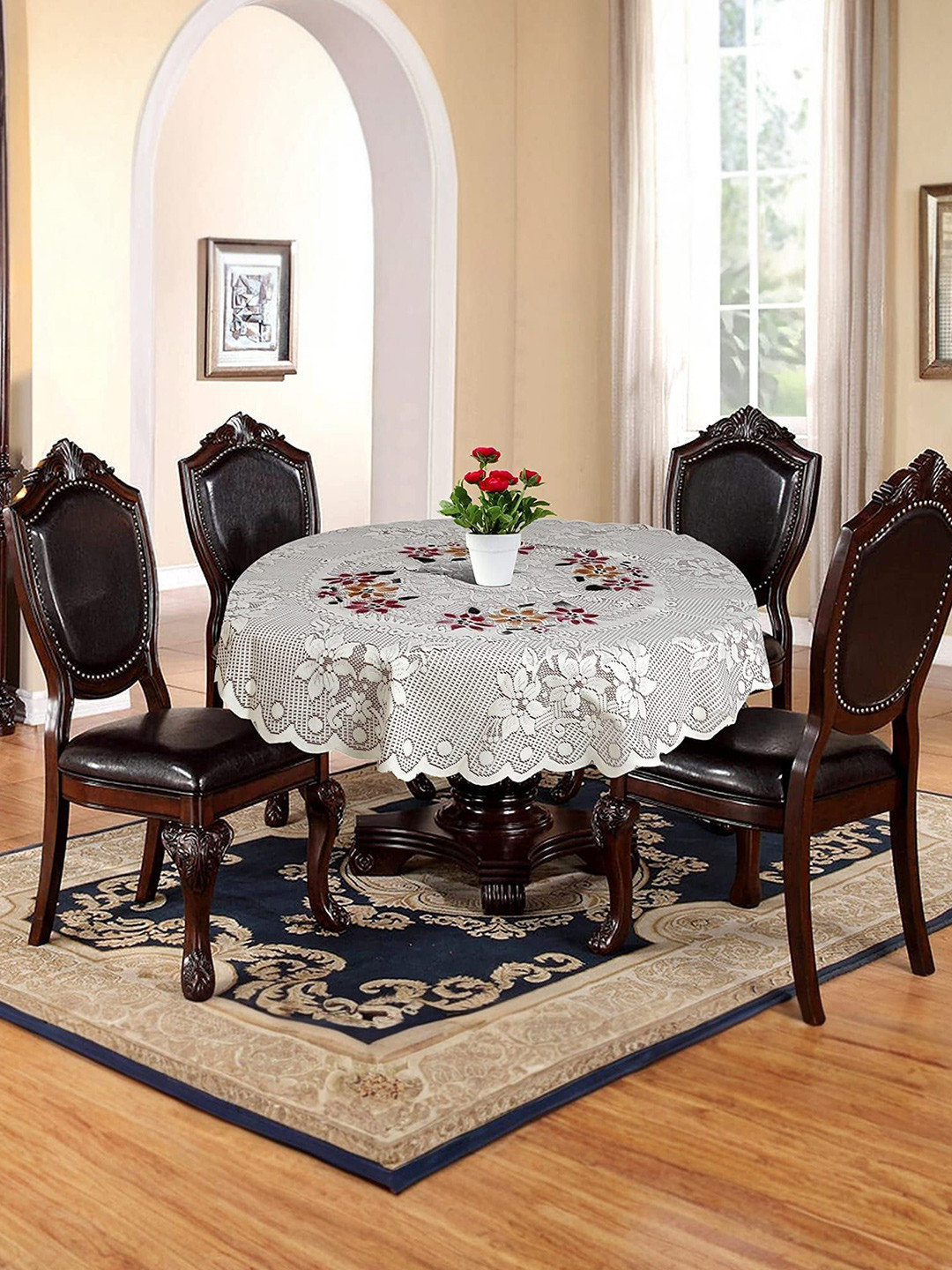 

Kuber Industries White Floral Cotton Round 4-Seater Table Cover