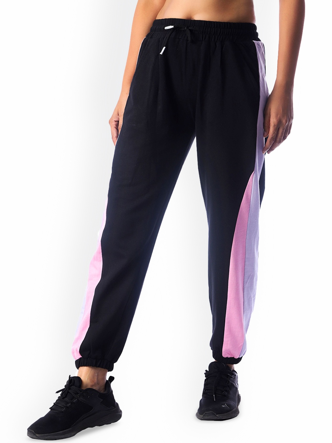 

London Hills Women Colourblocked Mid-Rise Track Pants, Black