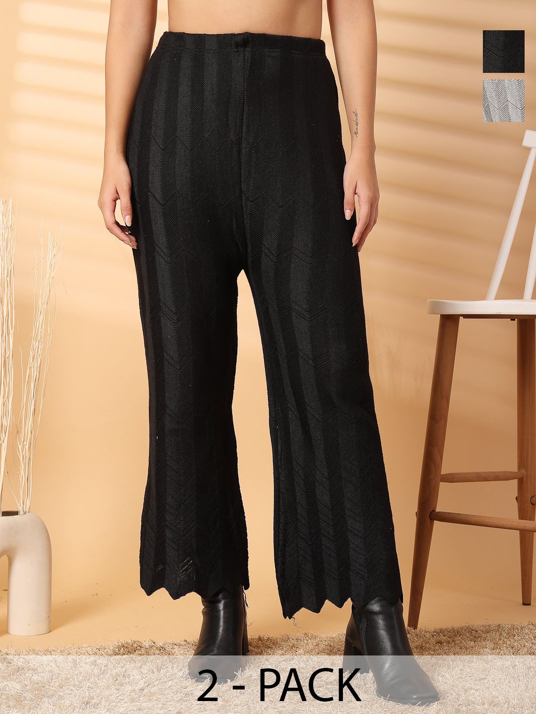 

Clora Creation Pack Of 2 Self Design Woolen Trousers, Black