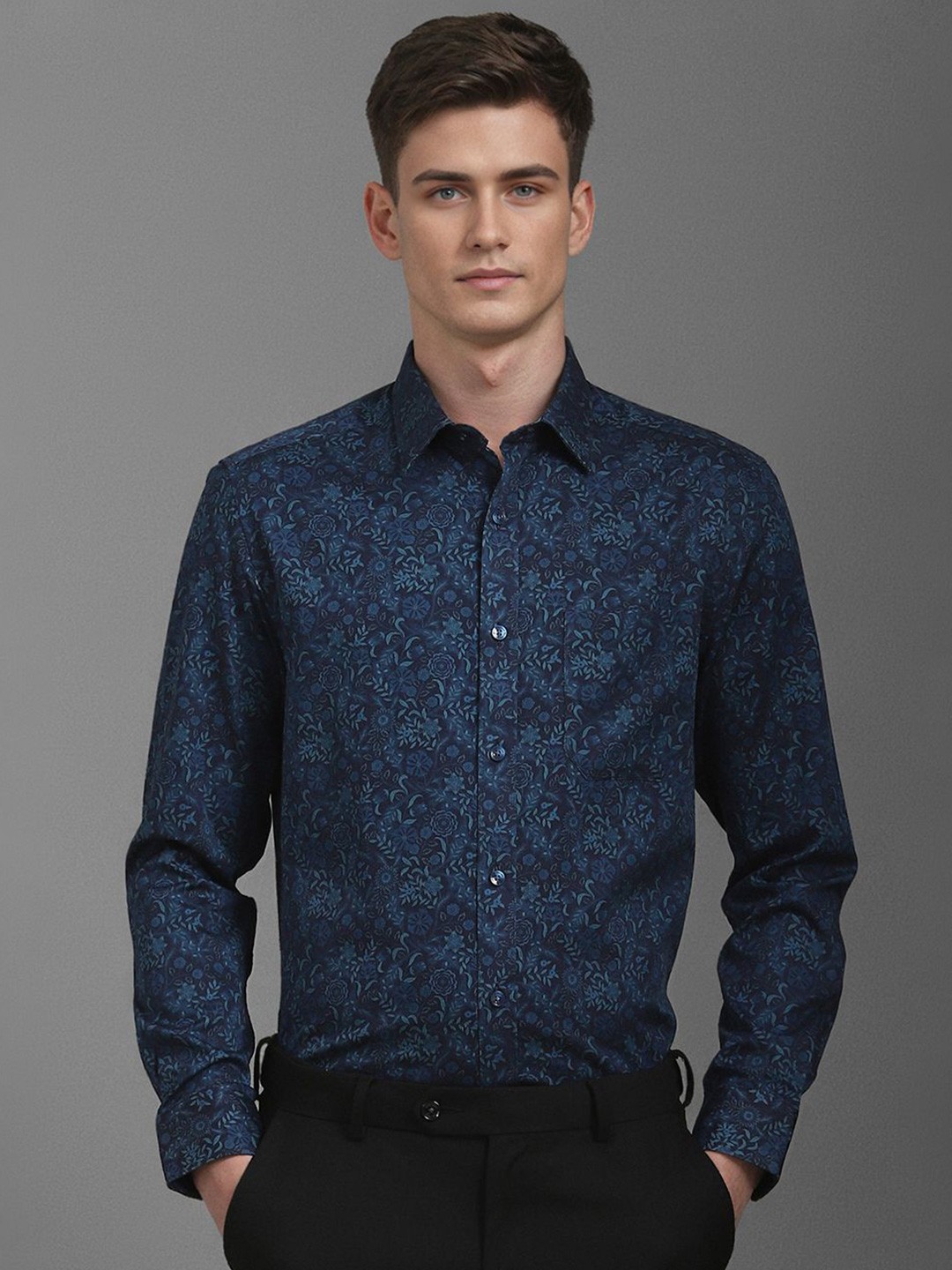 

Louis Philippe Men Classic Floral Opaque Printed Formal Shirt, Navy blue