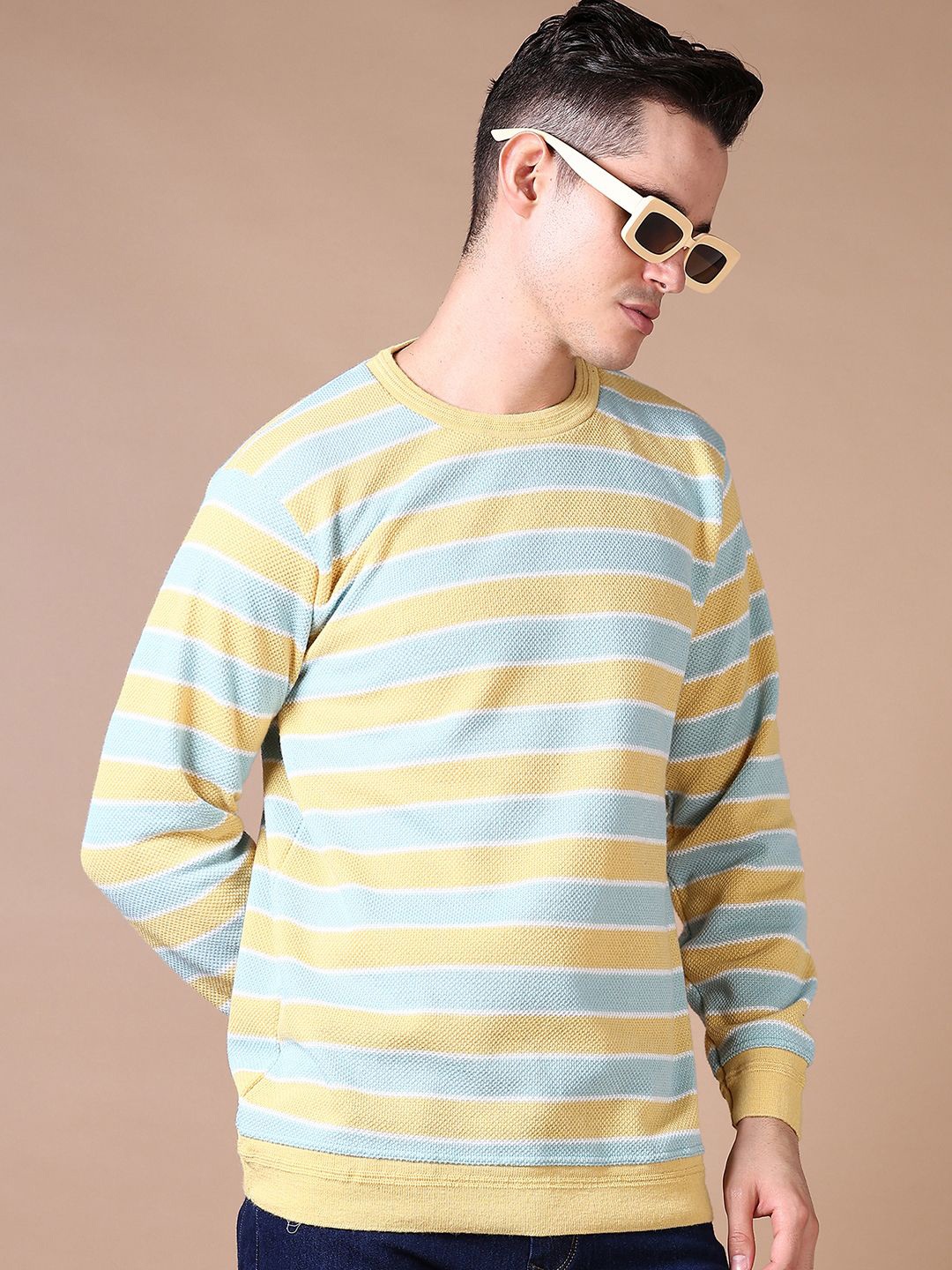 

V-Mart Men Striped Cotton Round Neck Long Sleeves Pullover Sweater, Yellow