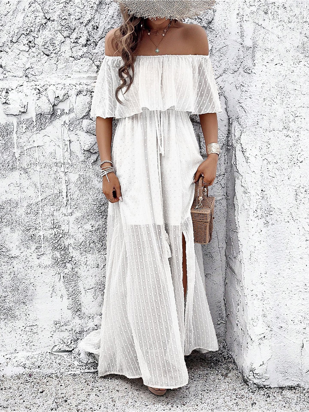 

StyleCast x Revolte Women Off-Shoulder Side Slits A-Line Maxi Dress, White