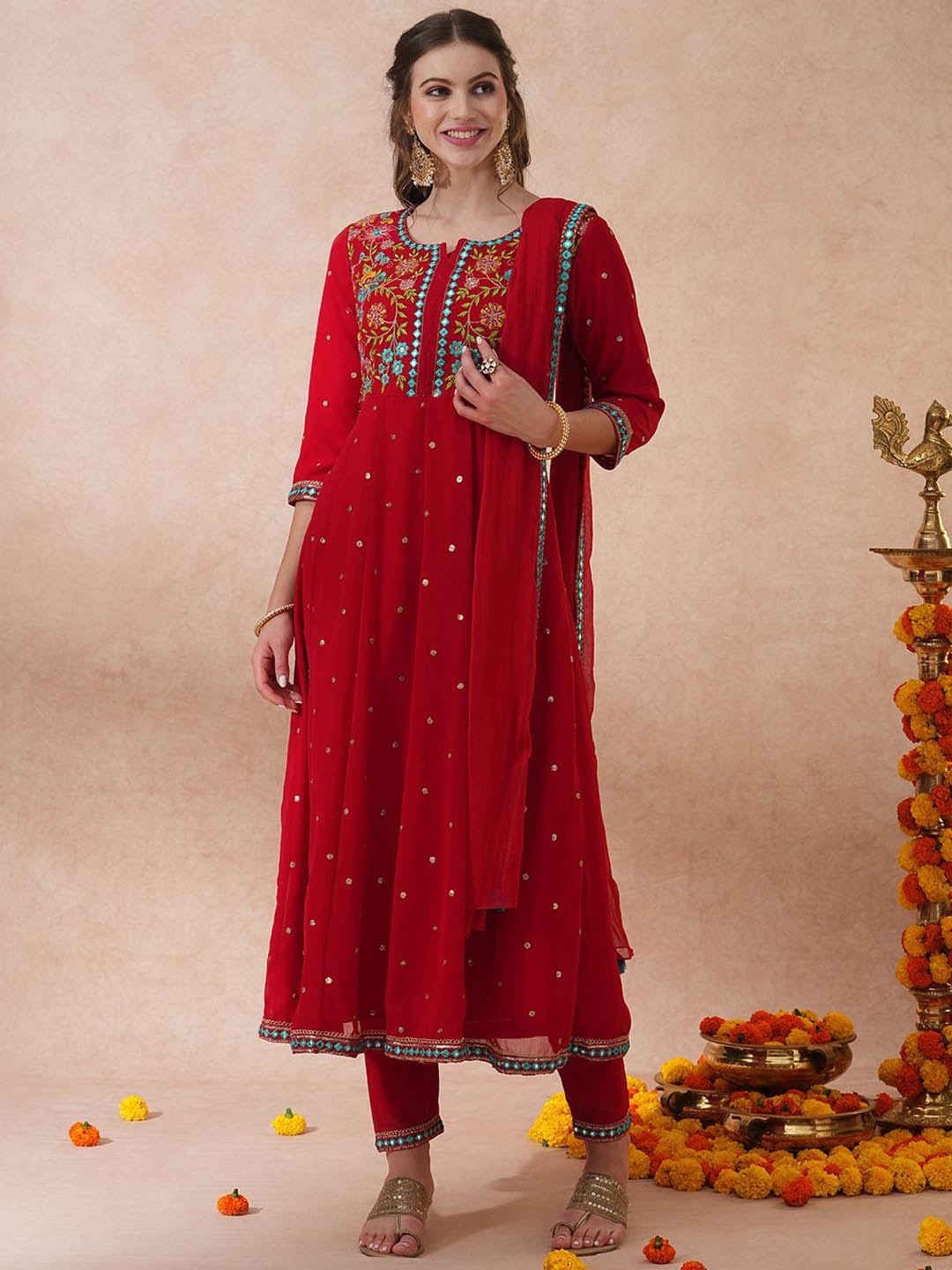 

FASHOR Women Floral Embroidered Anarkali Flared Kurta With Trousers & Dupatta, Red
