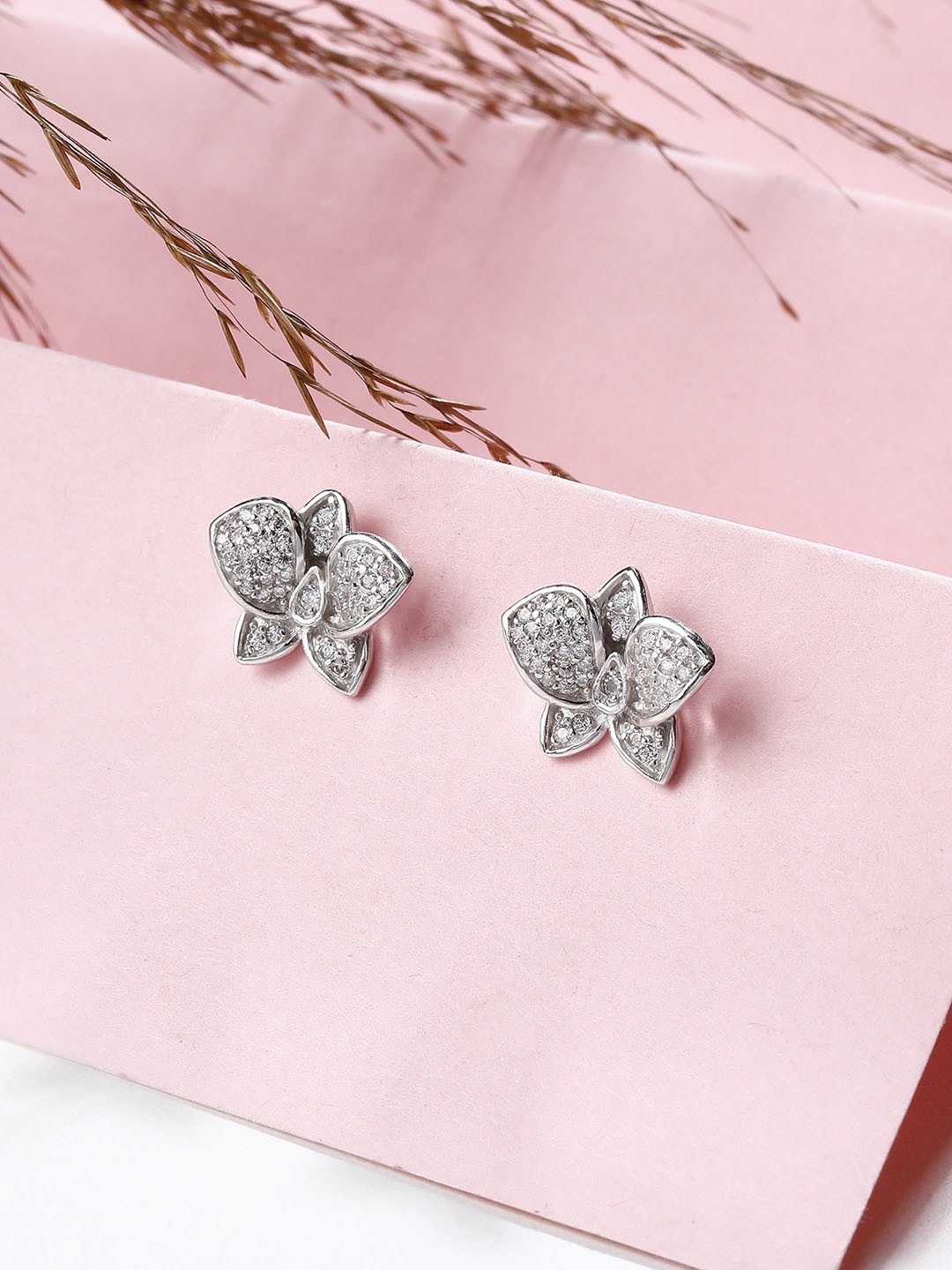 

DIAVO Rhodium Plated 925 Sterling Silver CZ Studded Contemporary Studs Earrings