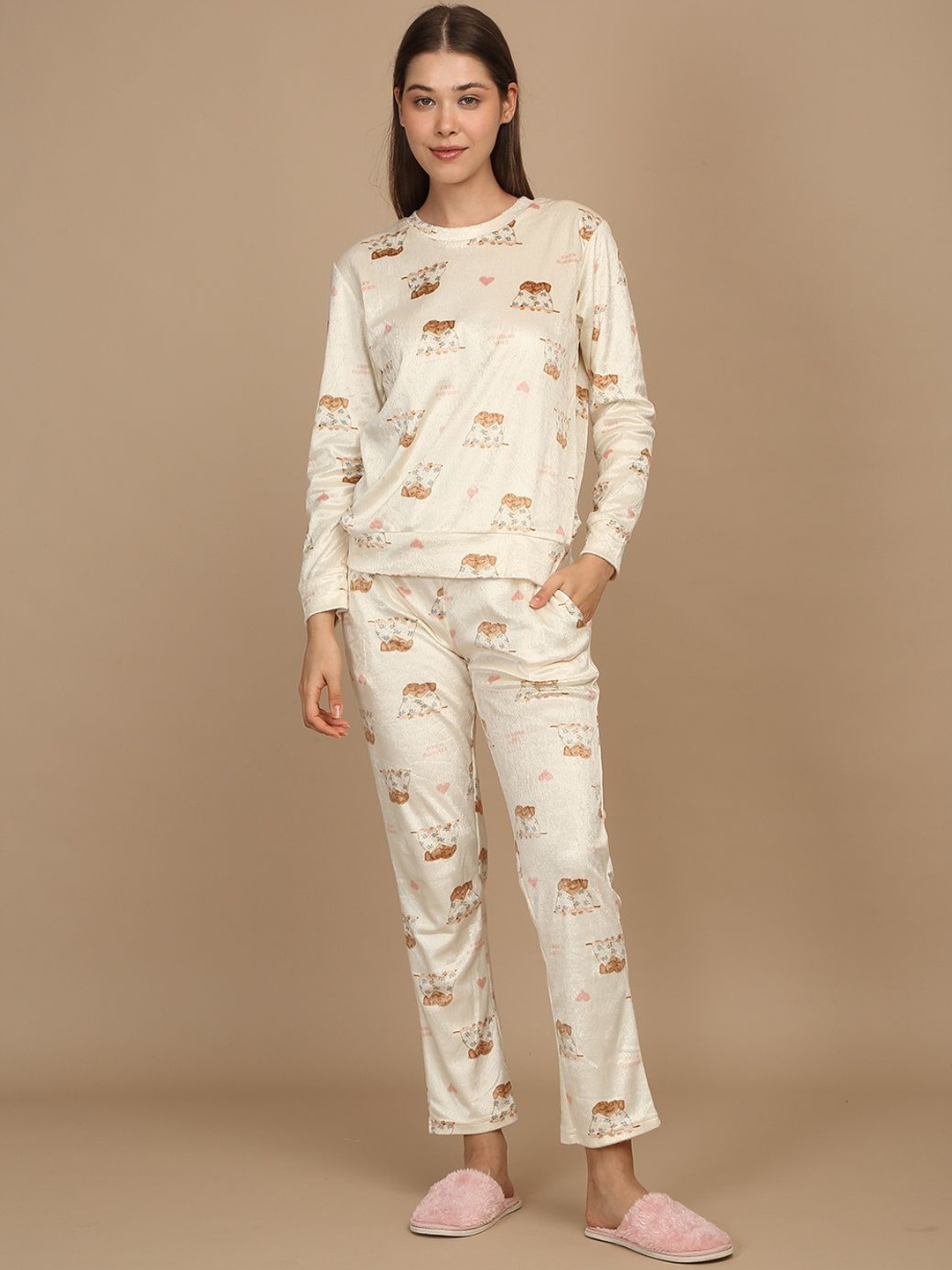 

Sweet Dreams Women Graphic Printed Round Neck Night Suit, Beige