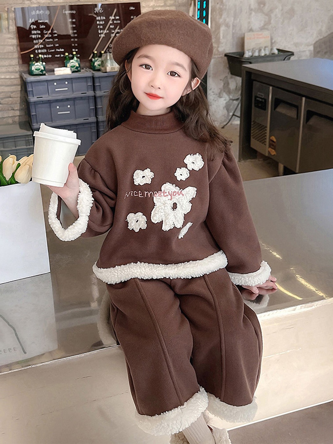

LULU & SKY Girls Embellished High Neck Long Sleeves T-Shirt With Capri, Brown