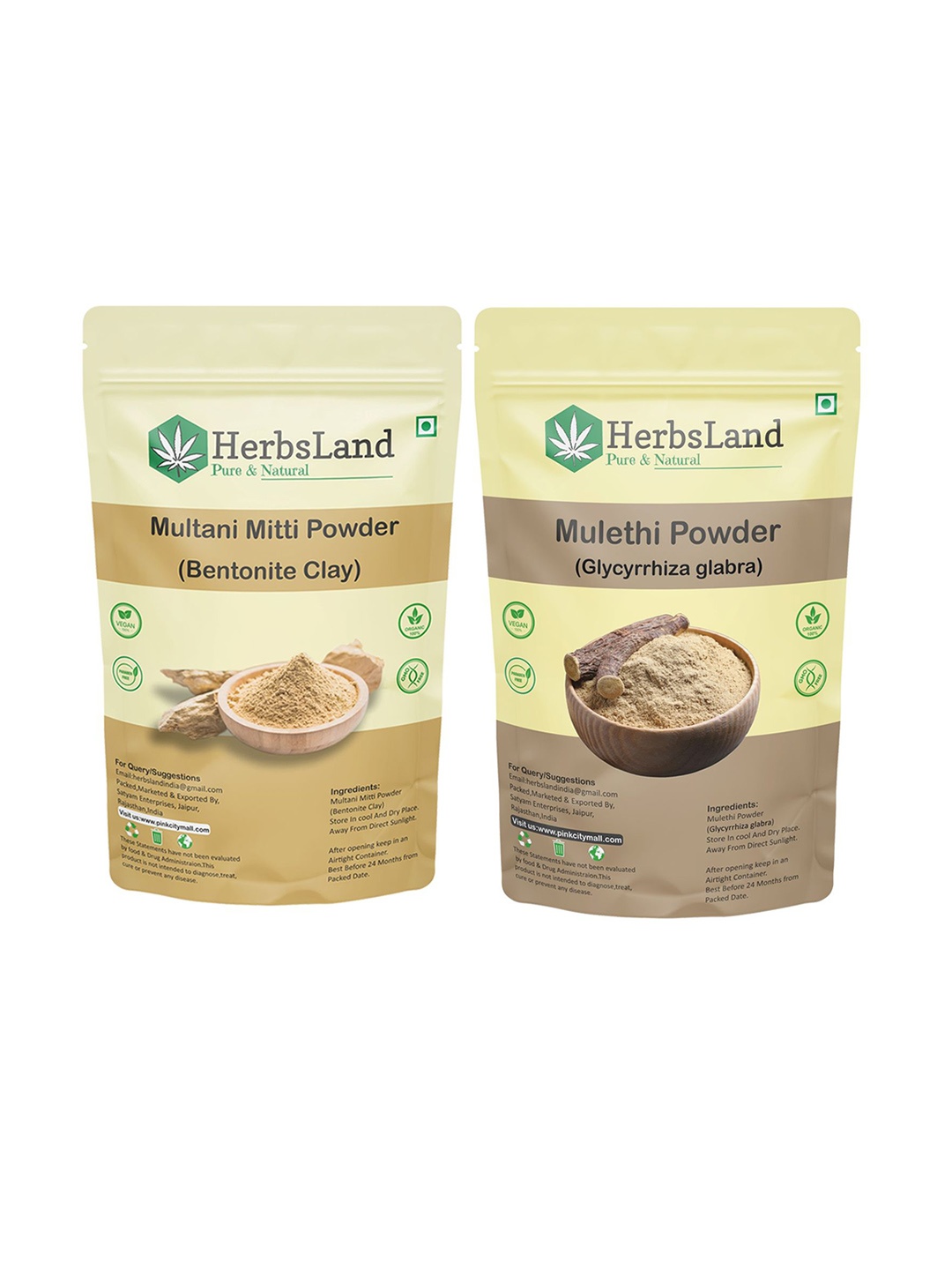 

HerbsLand Set Of 2 100% Pure & Natural Mulethi & Multani Mitti Facepack Powder-150 g Each, Beige