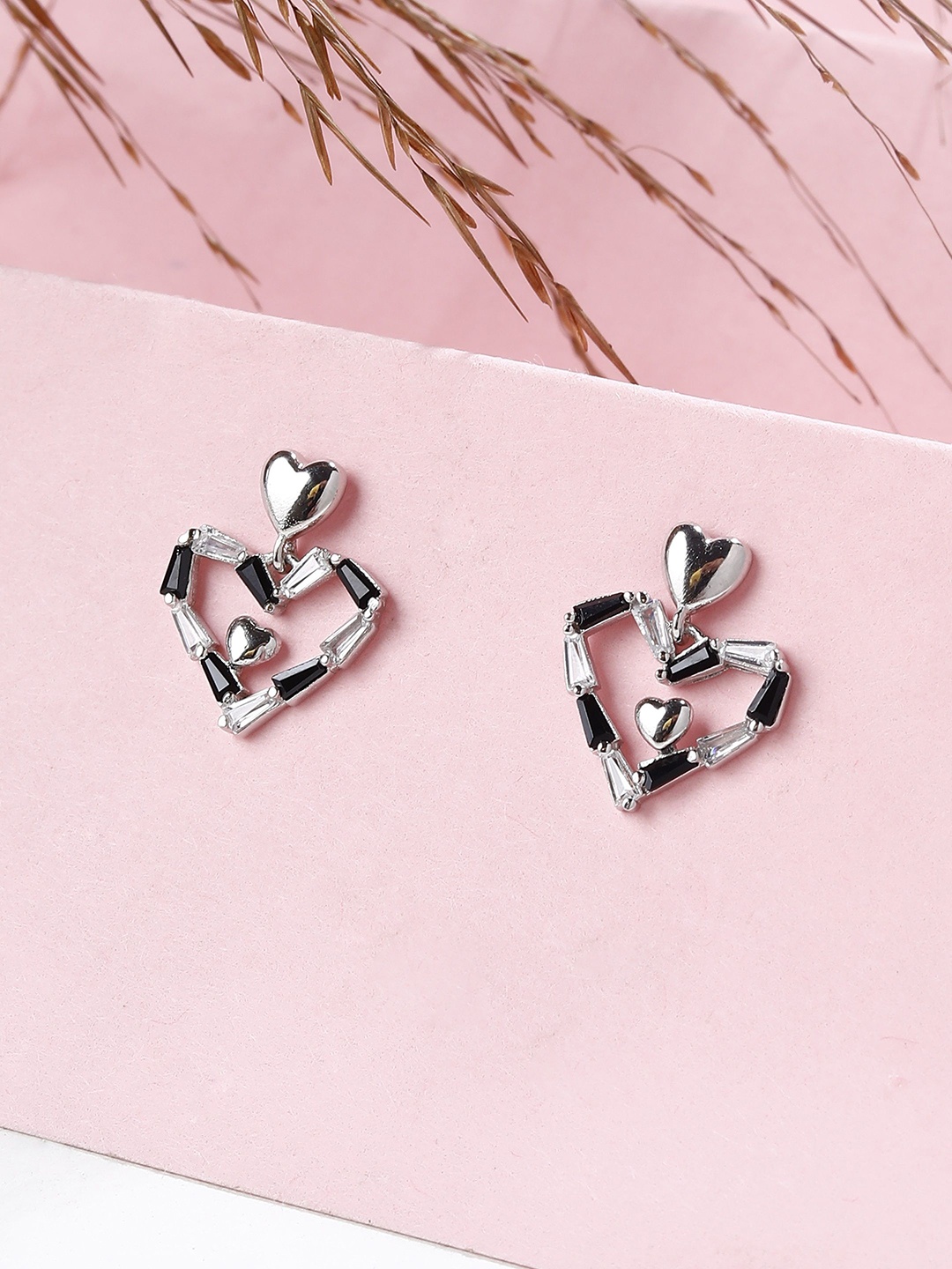 

DIAVO Rhodium Plated 925 Sterling Silver CZ Studded Contemporary Studs Earrings