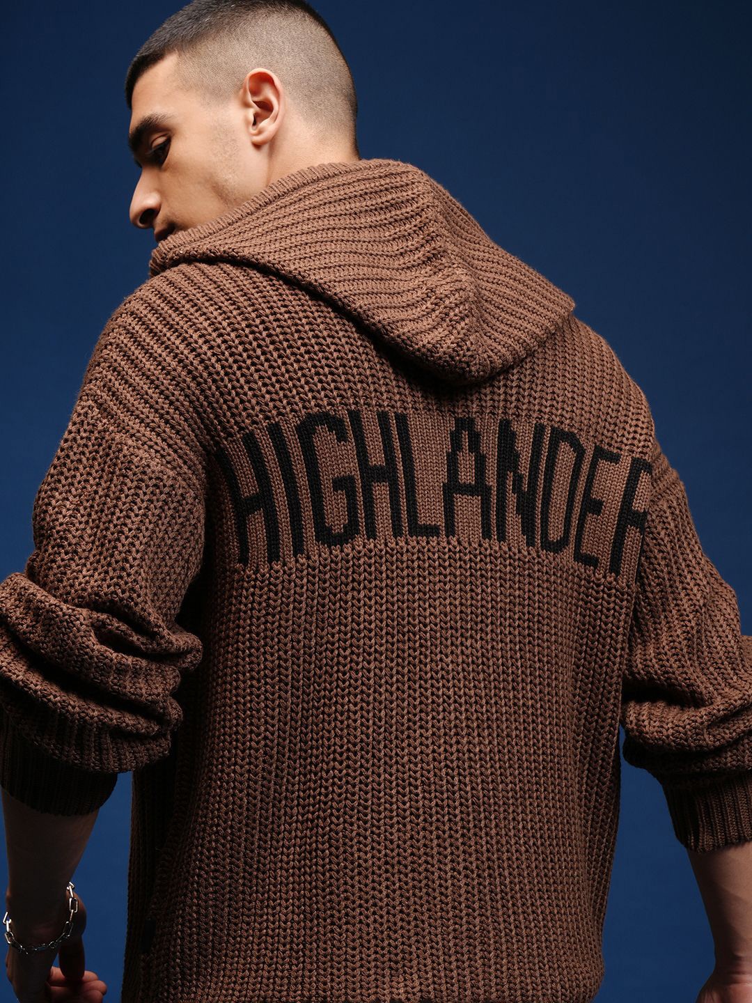 

HIGHLANDER Men Cable Knit Hooded Front-Open Sweater, Brown
