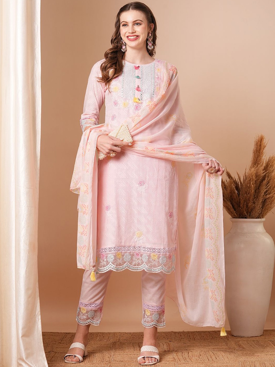 

FASHOR Women Floral Embroidered Pure Cotton Kurta with Trousers & Dupatta, Pink