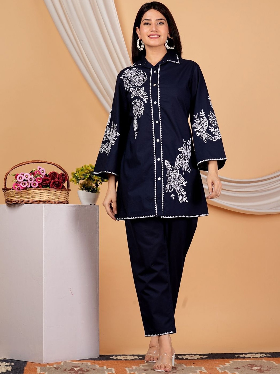 

Kaftanize Shirt Collar Embroidered Shirt with Trouser, Navy blue