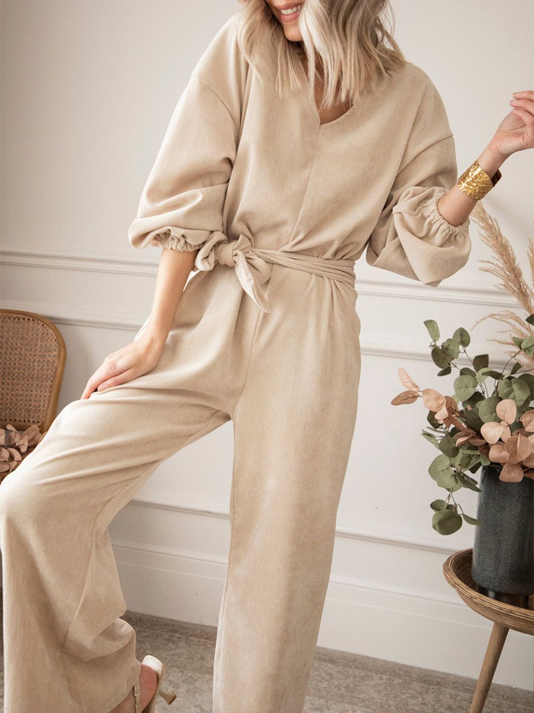 

StyleCast Women V-Neck Basic Jumpsuit, Beige