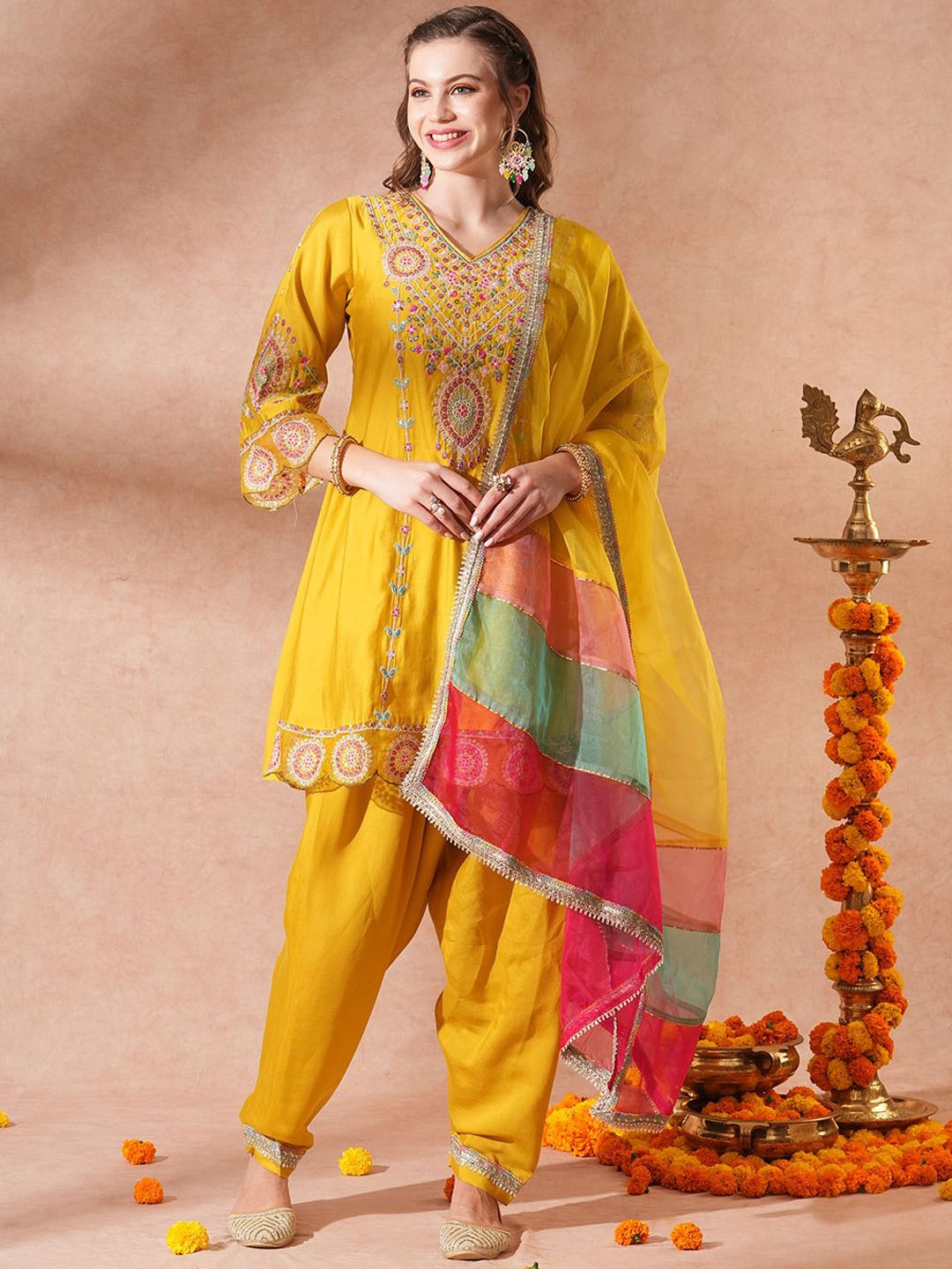 

FASHOR Women Ethnic Embroidered A-Line Kurta With Salwar & Dupatta, Yellow