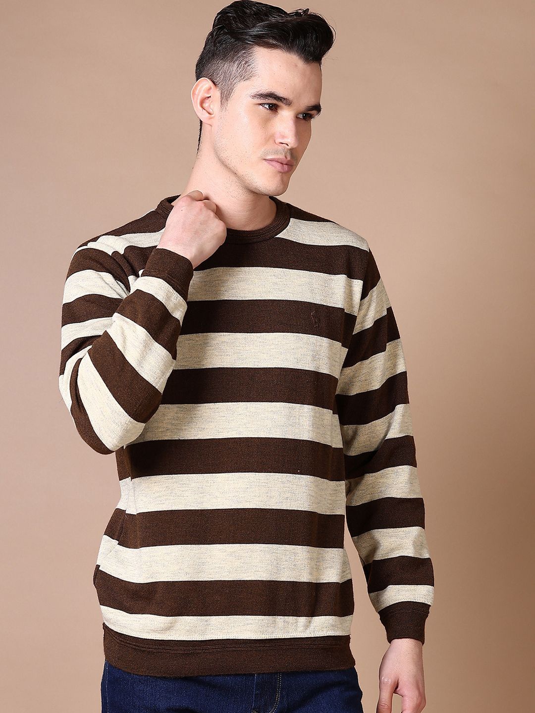 

V-Mart Men Cotton Striped Round Neck Pullover, Brown