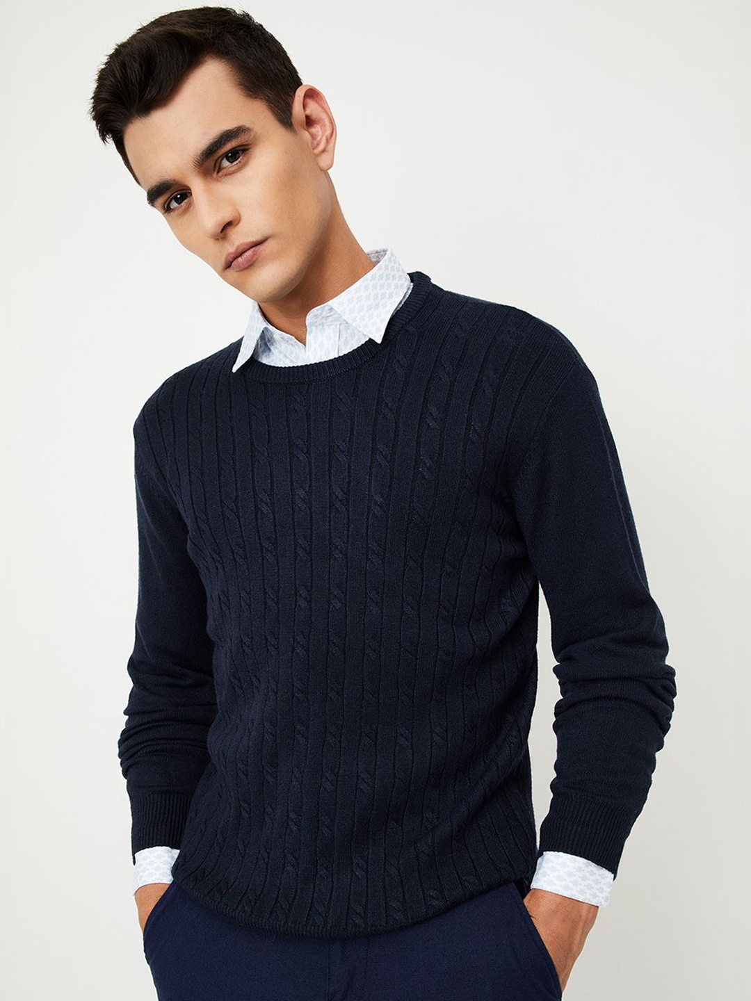 

max Men Cable Knit Pullover, Navy blue