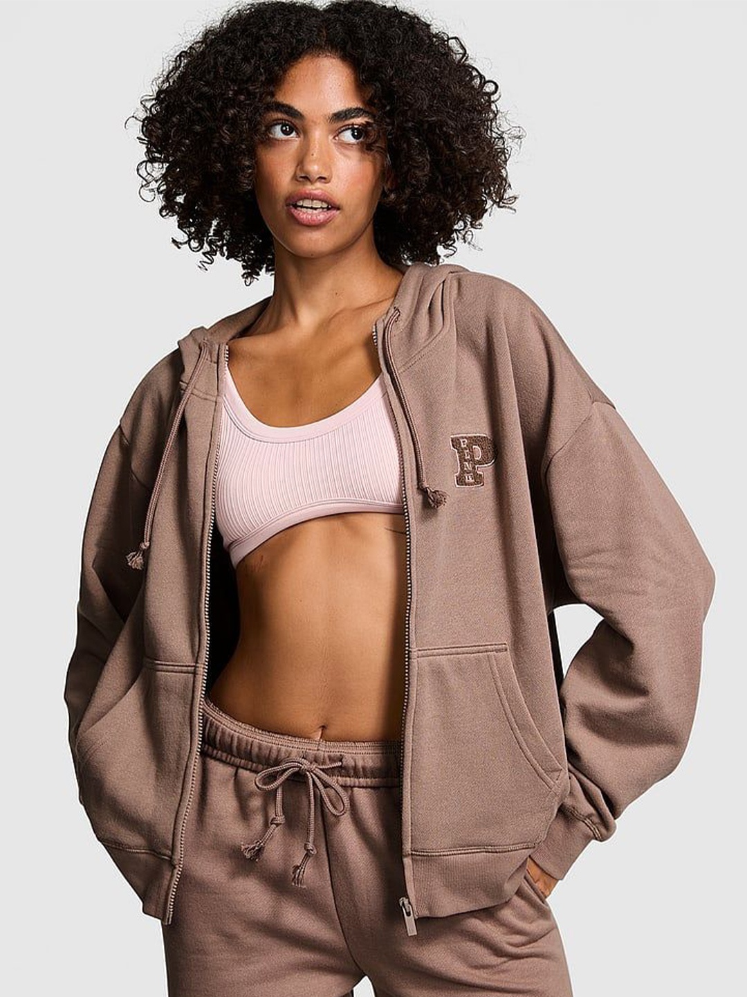 

Victoria's Secret Women Hooded Front-Open Sweatshirt, Brown