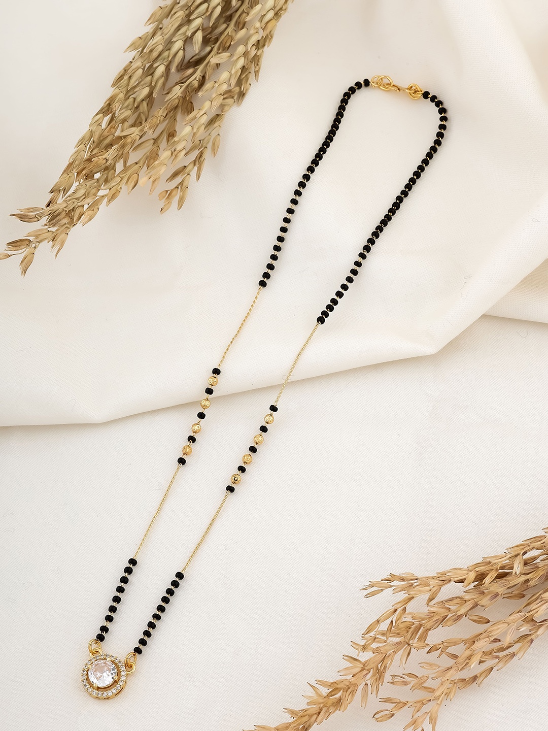 

Wynona Rhodium-Plated AD Stone Studded & Beaded Mangalsutra, Gold